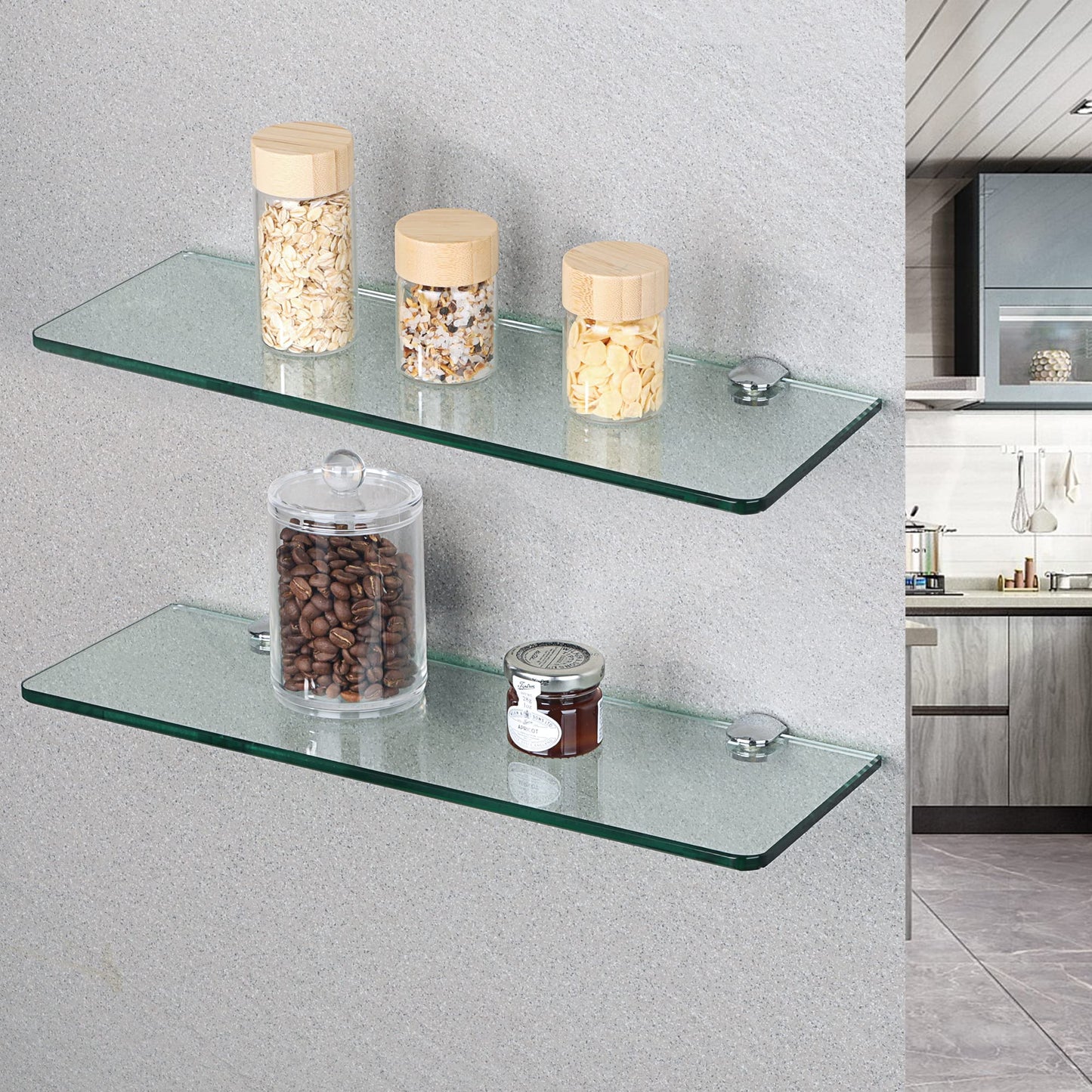 Sayayo Bathroom Shelves Glass Shelf 15 Inch, Floating Shelves Wall Mounted Rectangular Tempered Glass Wall Shelves, Polished, 2 Pack, CGBL1012R-C-2P