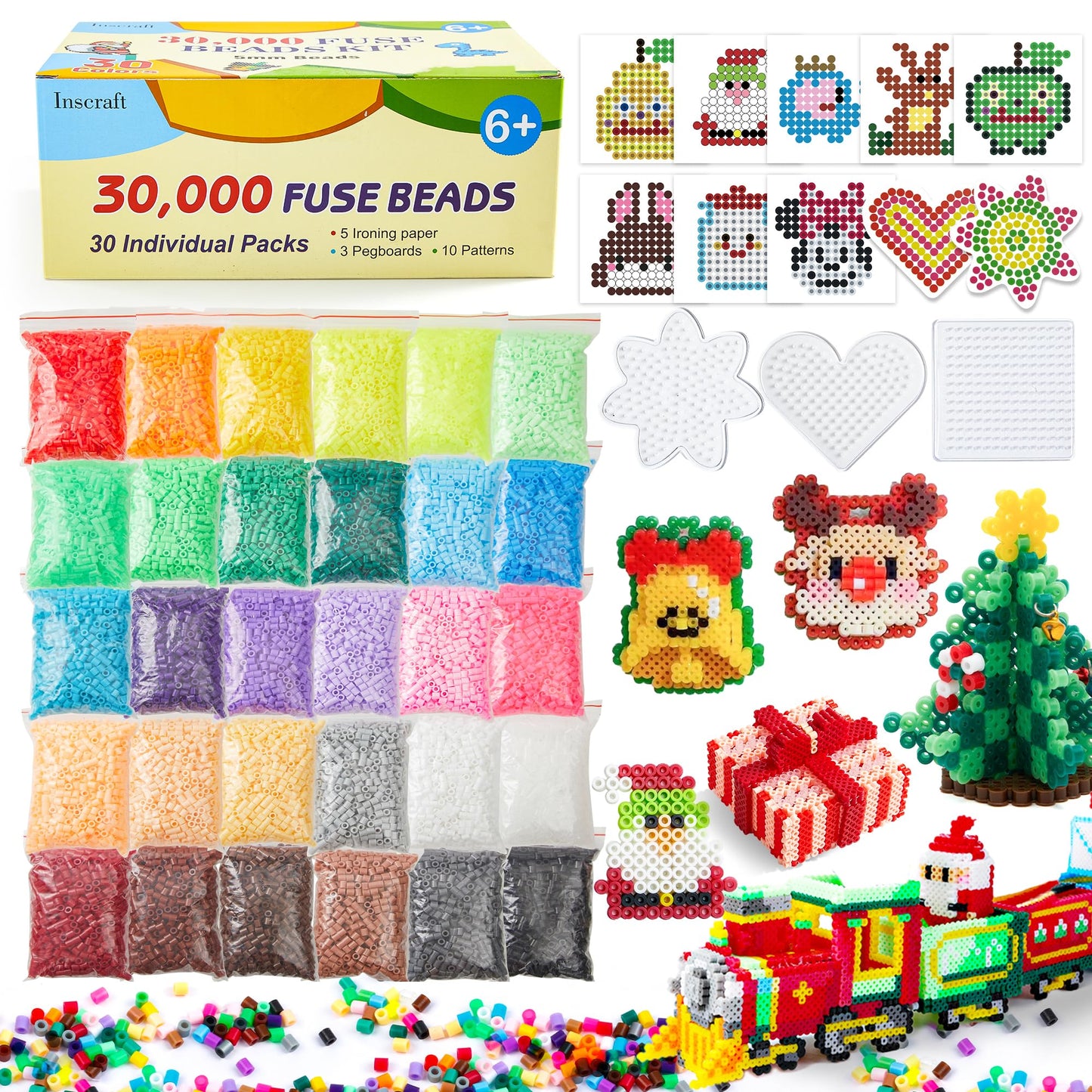 30,000 Fuse Beads Kit-30 Individual Packs of Iron Beads Set with 3 Pegboards, 5 Ironing Paper, 10 Patterns, Gifts for Birthday Christmas, Multicolor 5mm Melty Beads Bulk Refill Kit