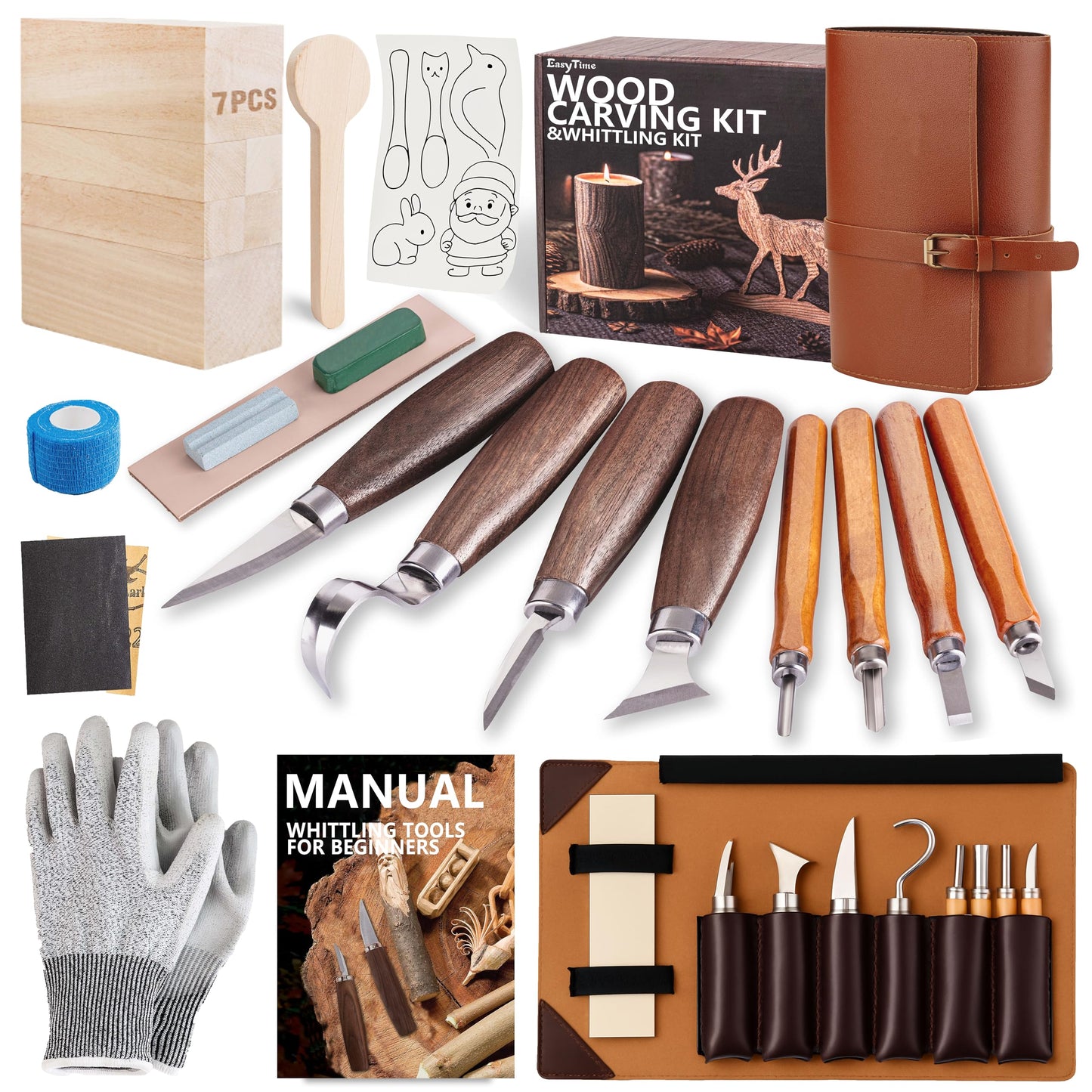 EasyTime Wood Carving Tools Kit: Deluxe Wood Whittling Set with PU Leather Case - Woodworking Knives with Basswood Blocks & Instructions, Hobby Gift for Adults Kids Beginners DIY