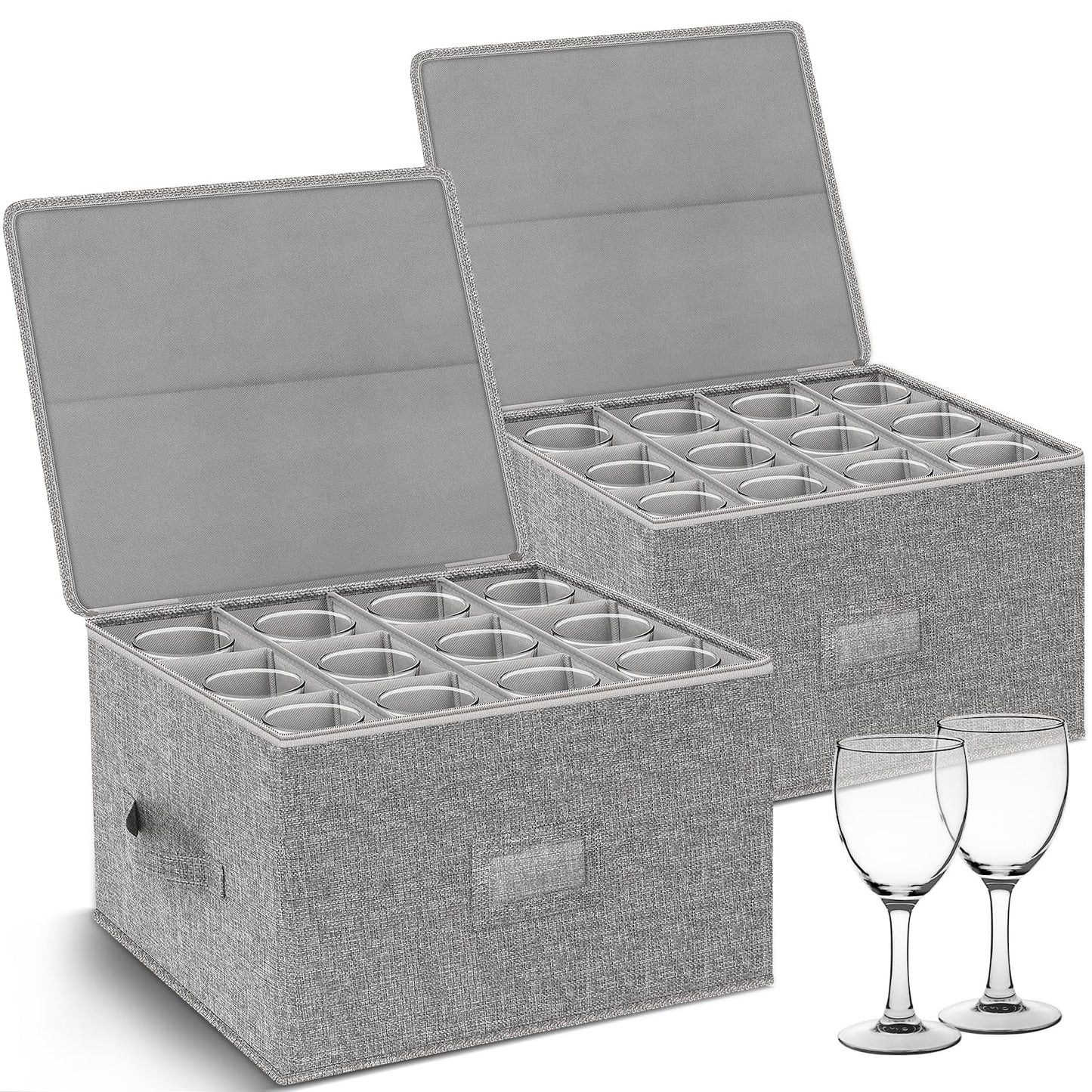 2 Pack Wine Glass Storage Box, Hard Shell Glassware Storage Containers with Dividers, Stackable Stemware Storage Cases for 24 Red or White Wine Glasses, Crystal Drinkware, Moving boxes with Label Grey