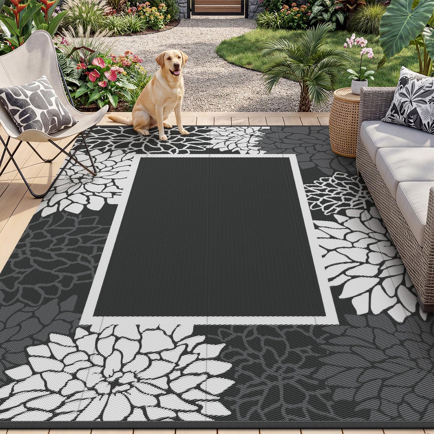 Outdoor Rug Carpet Waterproof Patio Rug 5x8 ft-Portable RV Camping Rug Mat-Non Fading Outdoor Area Rug for Deck Picnic Balcony Backyard Porch Beach Reversible,Black & White