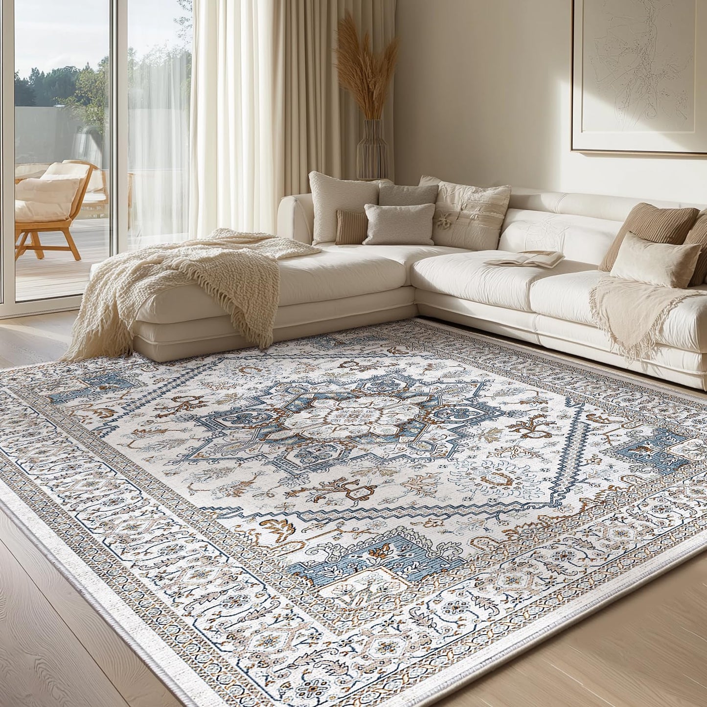 OPPODREAM Soft Neutral Area Rug 5x7, 5x7 Rugs for Living Room, Washable Rugs for Bedroom with Non Slip Backing, Faux Cashmere Low-Pile 5 x 7 Carpet, Grey & Blue & Cream