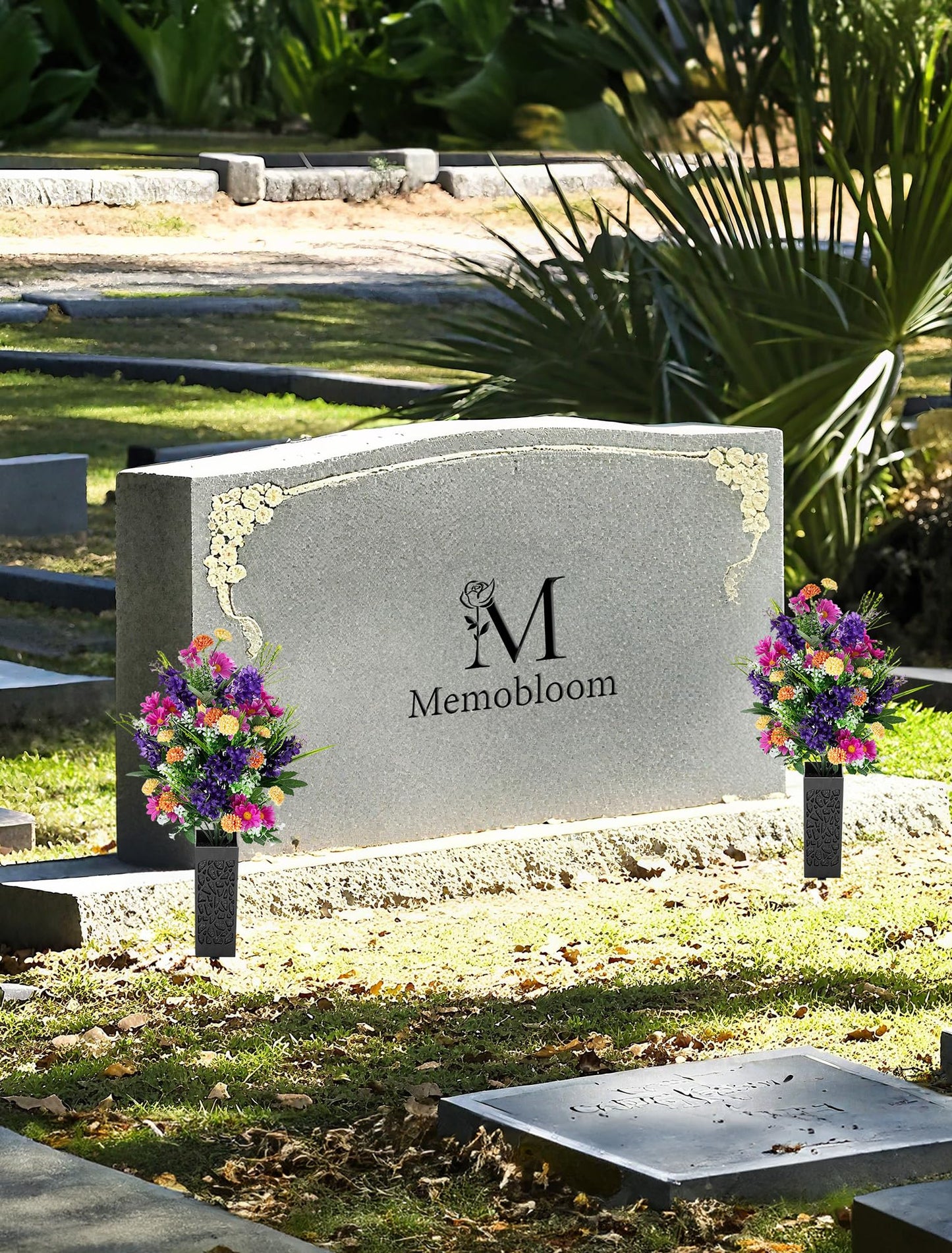 Memobloom Artificial Cemetery Flowers for Grave: Memorial Day Flowers for Cemetery - Outdoor Grave Decorations - 2 Pcs Purple Violet Mums Bouquets with Vases