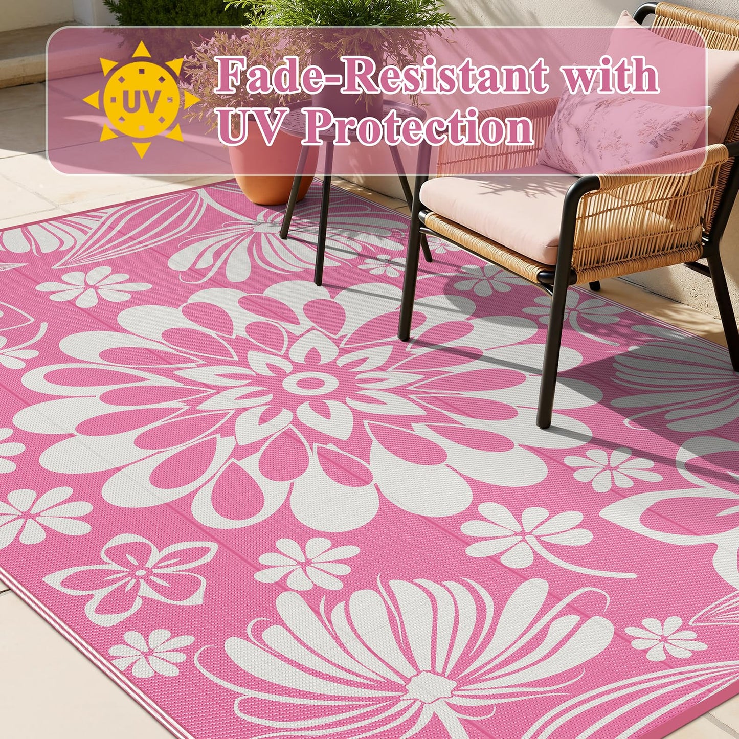Ileading Outdoor Plastic Straw Rug 6x9ft Funny Floral Style Reversible Patio Area Rugs Waterproof Non Shedding Portable Carpets for Rv Outside Deck Pool Beach Picnic Camping (Pink)