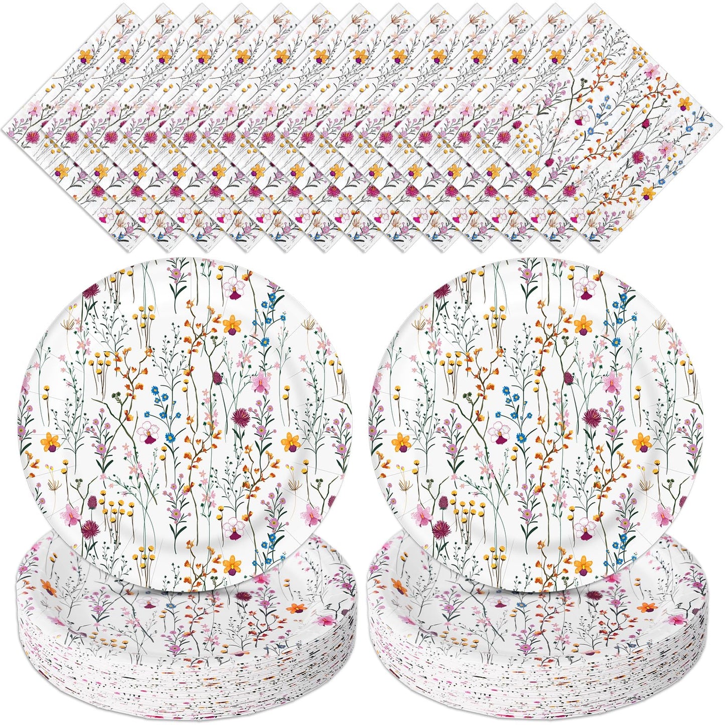 Whaline Floral Party Supplies Kit Serves 50 Wildflower Paper Plates and Napkins for Spring Picnic Wedding Birthday Baby Shower Party Supplies
