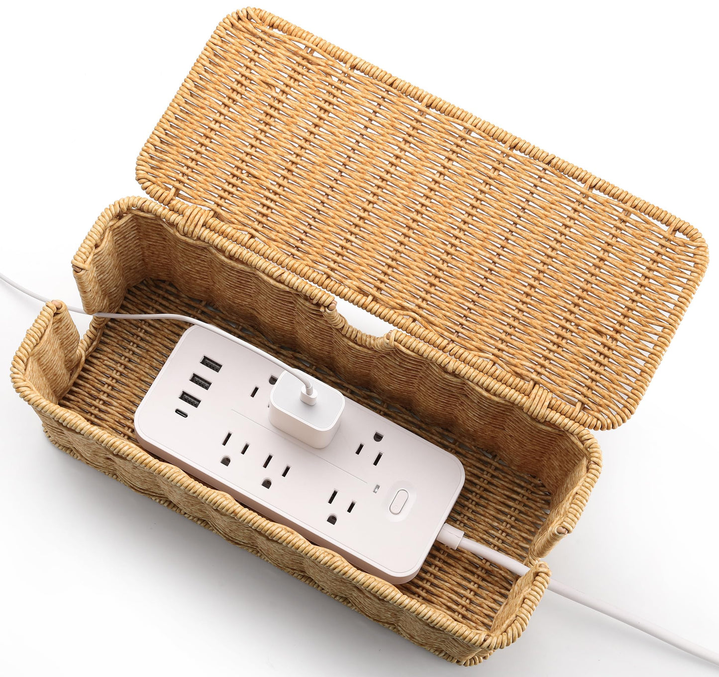 Handmade Cable Management Box Brown, Imitation Rattan Cord Organizer Box, Cord Hider, Cable Organizer for Desk, Wire Management to Hide Cords and Power Strip L12.5 W5.2 H5.5 in