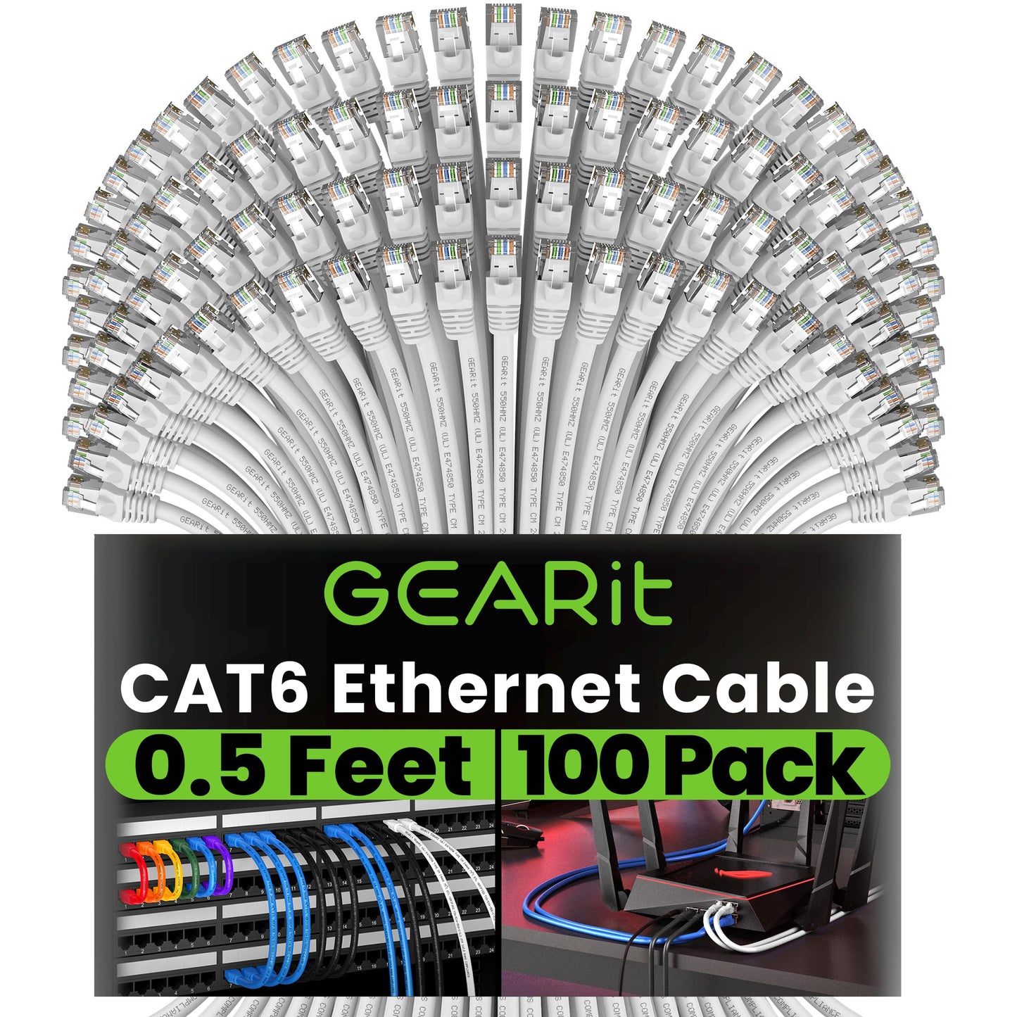 GearIT 100-Pack, Cat 6 Ethernet Cable Cat6 Snagless Patch 0.5 Feet - Snagless RJ45 Computer LAN Network Cord, White - Compatible with 48 Port Switch POE Rackmount 48port Gigabit