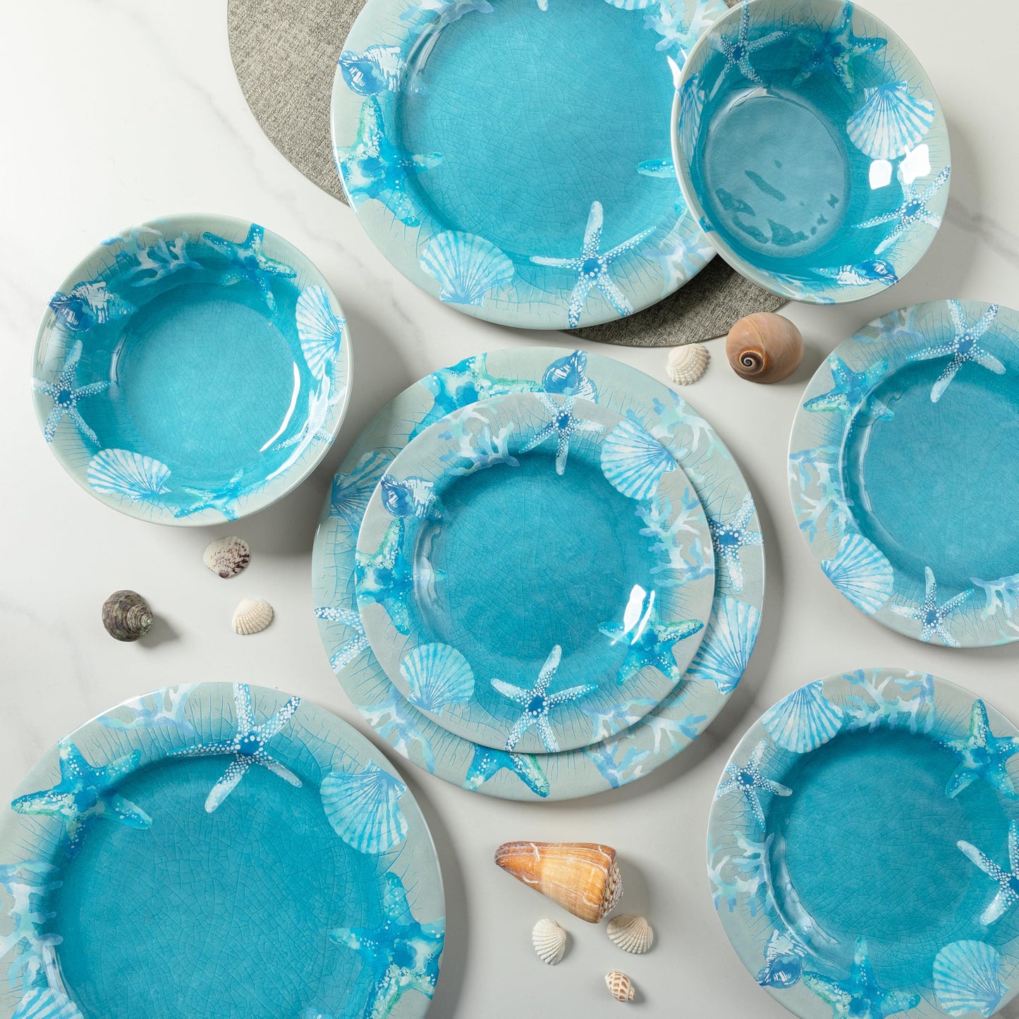 Melamine Dinnerware set, Unbreakable Plates and Bowls Set, Lightweight Chip Resistant 12 Piece Dishes Set for 4 Great for Camper, RV, Indoors Outdoors Use with Ocean Printed