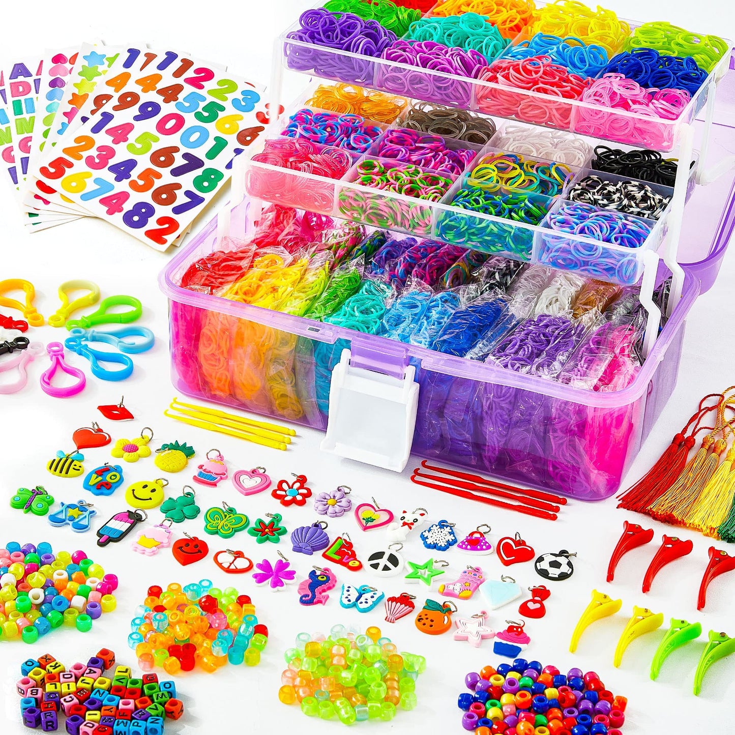 INSCRAFT 17500+ Rubber Loom Bands with 3 Layer Purple Container, 28 Colors, 600 S-Clips, 352 Beads, 40 Cartoon Pendant, Bracelet Making Refill Kit for Kids