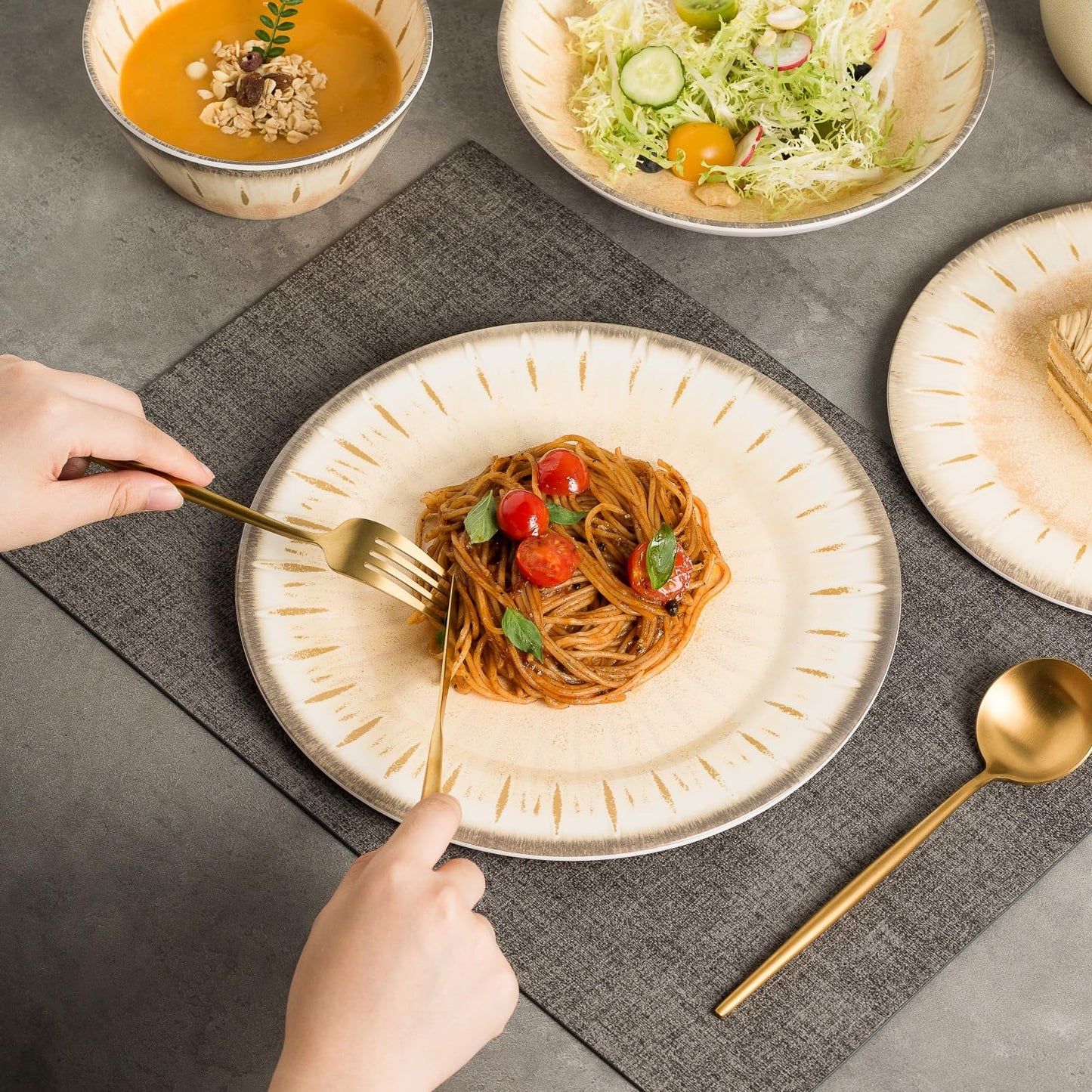 MissYip Melamine Dinnerware Set, 16 Piece for 4, Unbreakable Kitchen Plastic Plates and Bowls set, Indoor and Outdoor Use Tableware, BPA Free, Dishwasher Top Safe, Not Microwave, Not Oven(Cream)