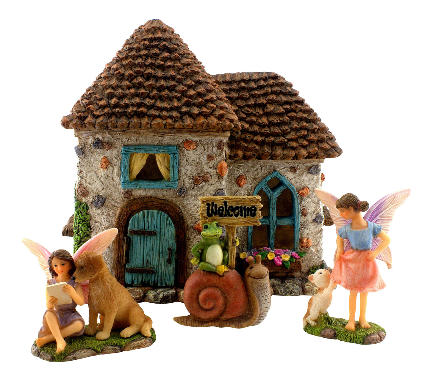 PRETMANNS Fairy Garden House Kit – Complete with Accessories for an Outdoor or Indoor Miniature Garden, Figurines with a Frog and Snail Sign - House 6.5” High with Door That Opens – 4 Pieces