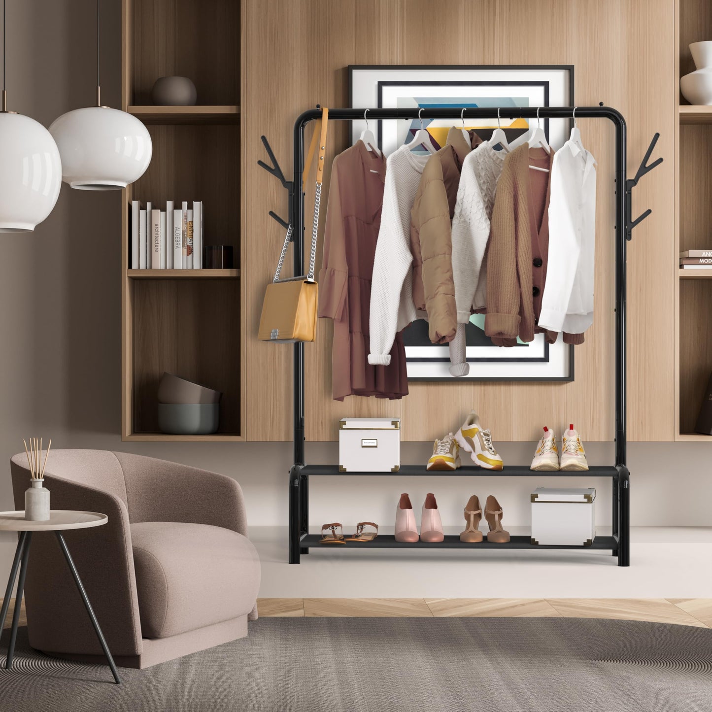 Simple Houseware 52-Inch Garment Rack with Storage Shelves and Coat/Hat Hanging Hooks, Black