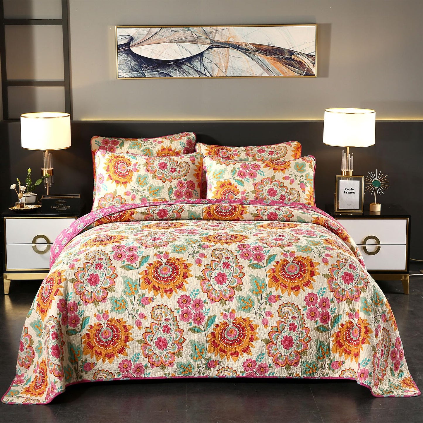 YASMENG 100% Cotton Boho Quilt Set Full Queen Size Gorgeous Paisley Floral Patterned Quilt Bedspread 98"x90" 3 Pieces Bohemian Vibrant Exotic Ethnic Mandala Coverlet Bedding Set for All Seasons