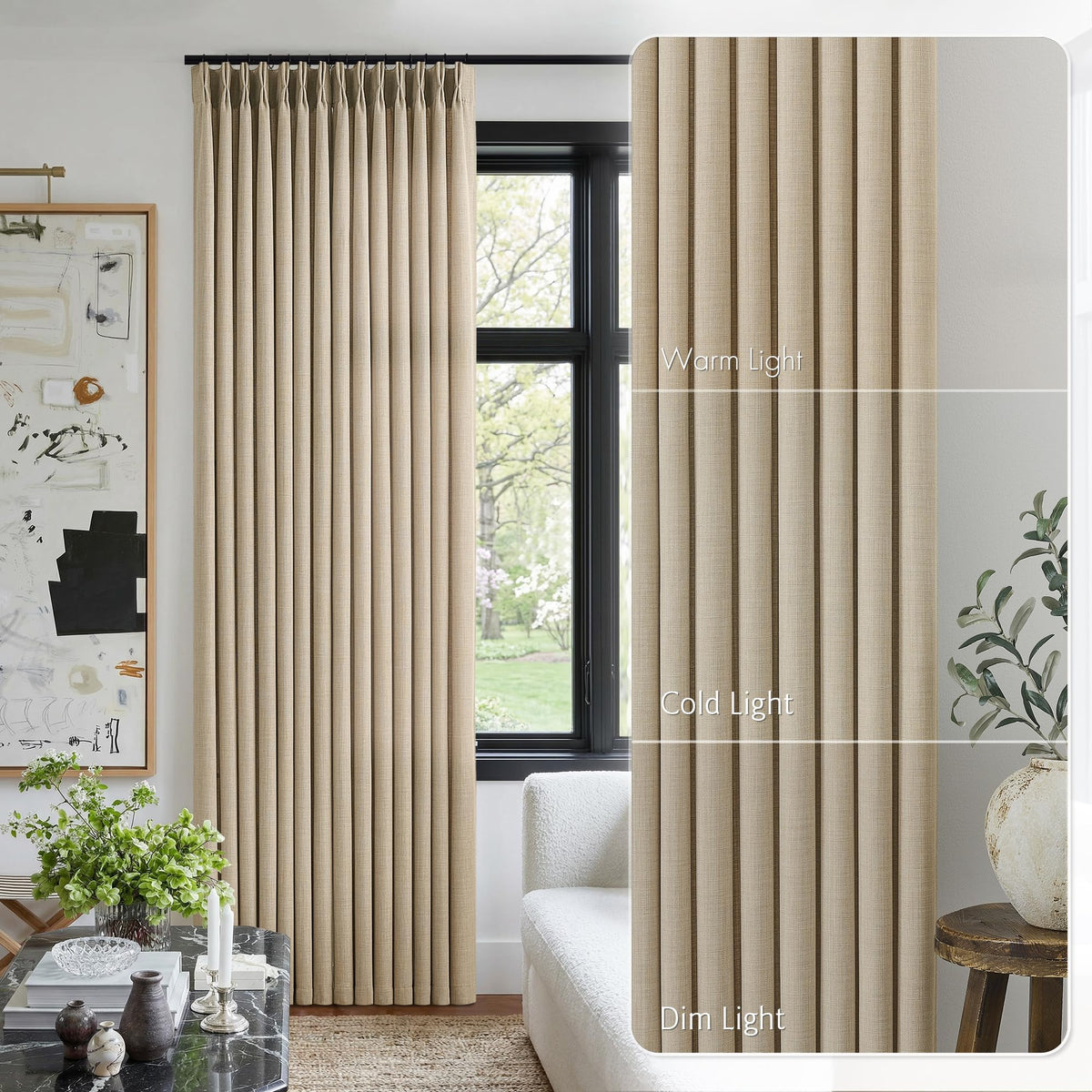 Pinch Pleated Curtains 84 Inch Length 2 Panels for Living Room Neutral Textured Pinch Pleat Curtains Cream Light Filtering Pleated Drapes 84 Inches Long Back Tab Hooks Clips Rings 40 Wx84 L Oatmeal