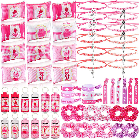 Clysee 60 Pcs Ballerina Party Favors for Girls Include Ballet Dance Makeup Bags Adjustable Bracelets Hair Ties Keychains Elastic Scrunchies Ballet Party Gift Bulk for Dancers Competition Gifts