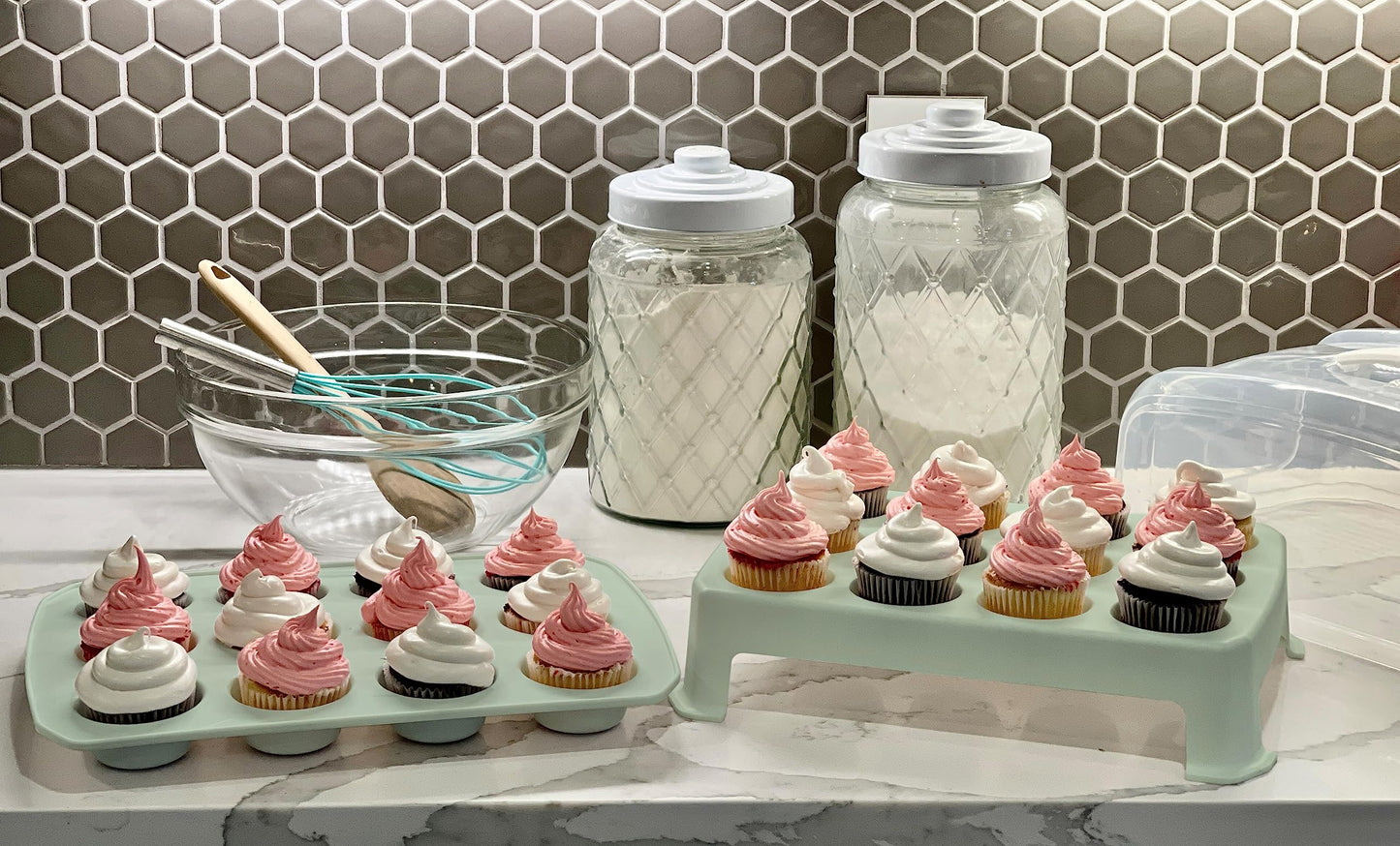 Cupcake Carrier, EXTRA TALL LID, Fashionable Green Cupcake Holder Carries 24 Standard-Size Cupcakes, Durable Muffin Traveler Two Tier Stand and Reusable Cupcake Box (Seafoam Green)