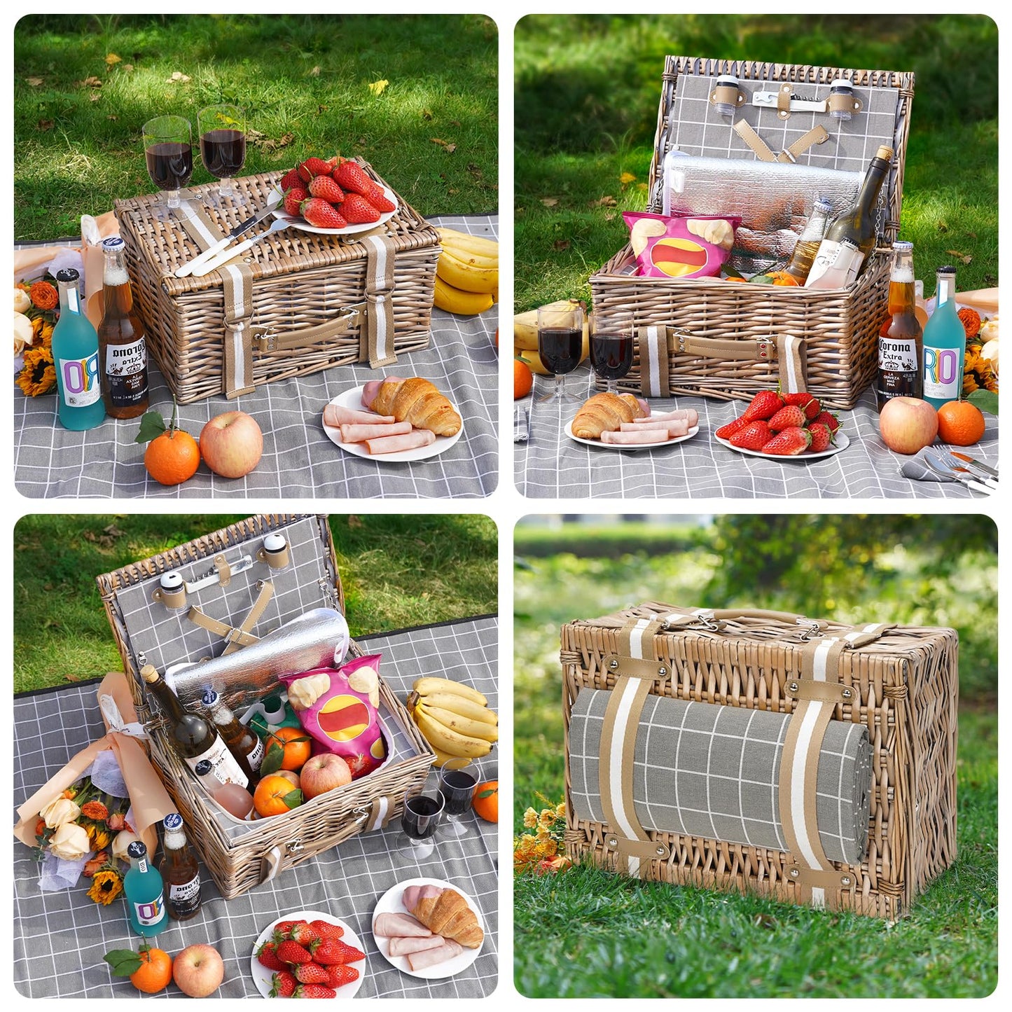 Wicker Picnic Basket for 2 - Willow Basket with Waterproof Picnic Blanket | Willow Picnic Set with Insulated Cooler | Wicker Hamper with Cutlery Kit | Gift Basket for Christmas, Thanks Giving, Grey