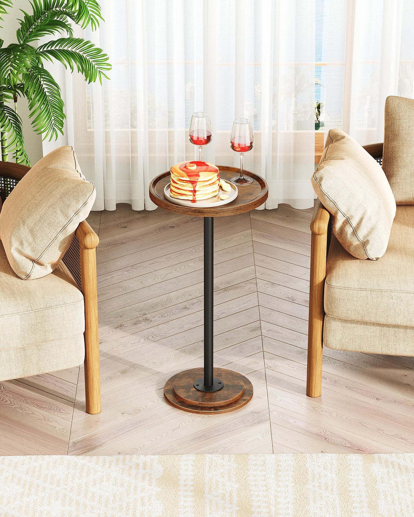 CHOEZON Small Round Side Table, Drink Table, Pedestal Table for Small Spaces, Martini Table, Thickened Base, Living Room, Bedroom, Office, Rustic Brown and Black TBZ30BF