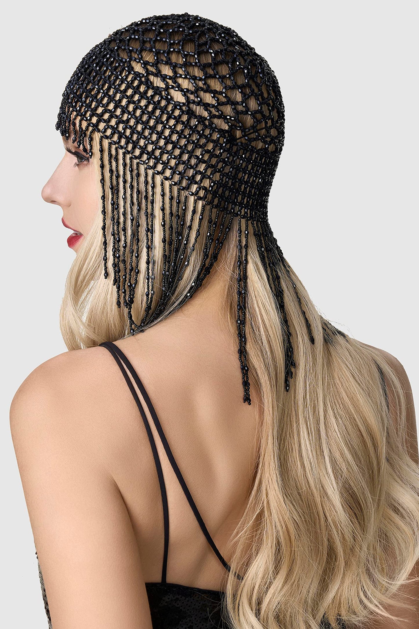 BABEYOND 1920s Beaded Cap Headpiece Roaring 20s Flapper Belly Dance Cap Exotic Cleopatra Headpiece for Gatsby Party (Black)