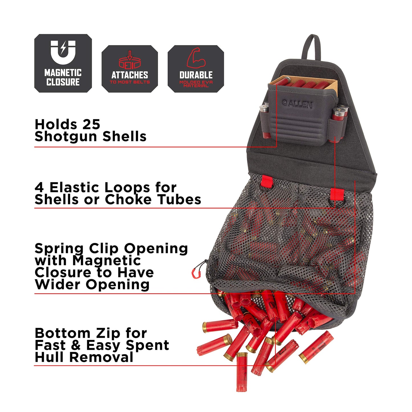 Allen Company® Competitor Over-Under Molded Hull Bag, Holds 125 Empty Hulls, Spring Clip Opening with Magnetic Closure, Gray