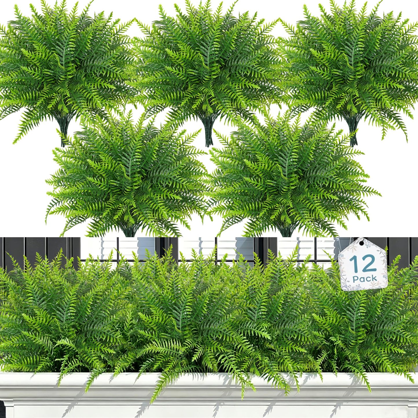 Dremisland 12 Bundles Artificial Plants Outdoor Faux Boston Fern 17.7 Inch Long Length Artificial Ferns UV Resistant Fake Plants Spring Summer Greenery Shrubs for Hanging Planter Garden Porch Decor