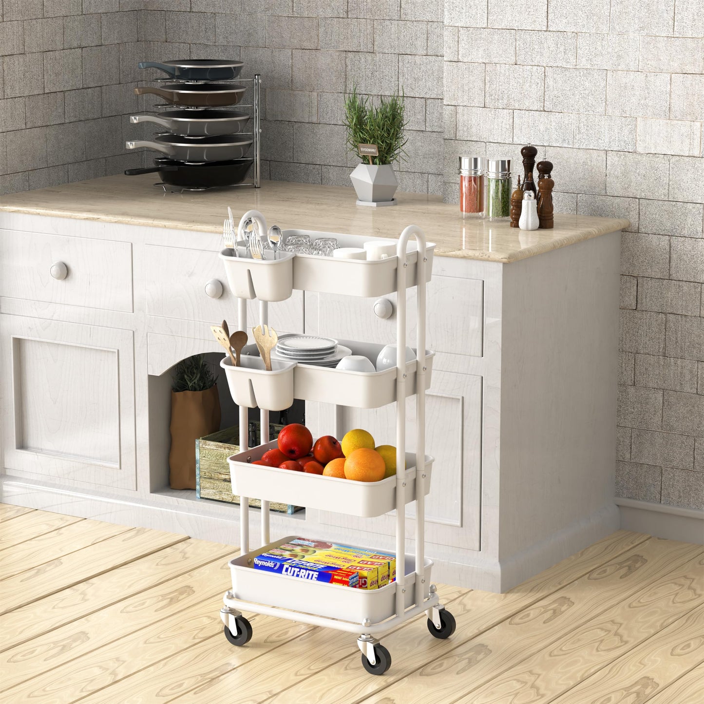 Simple Houseware 4-Tier Rolling Utility Cart with Hanging Buckets, White