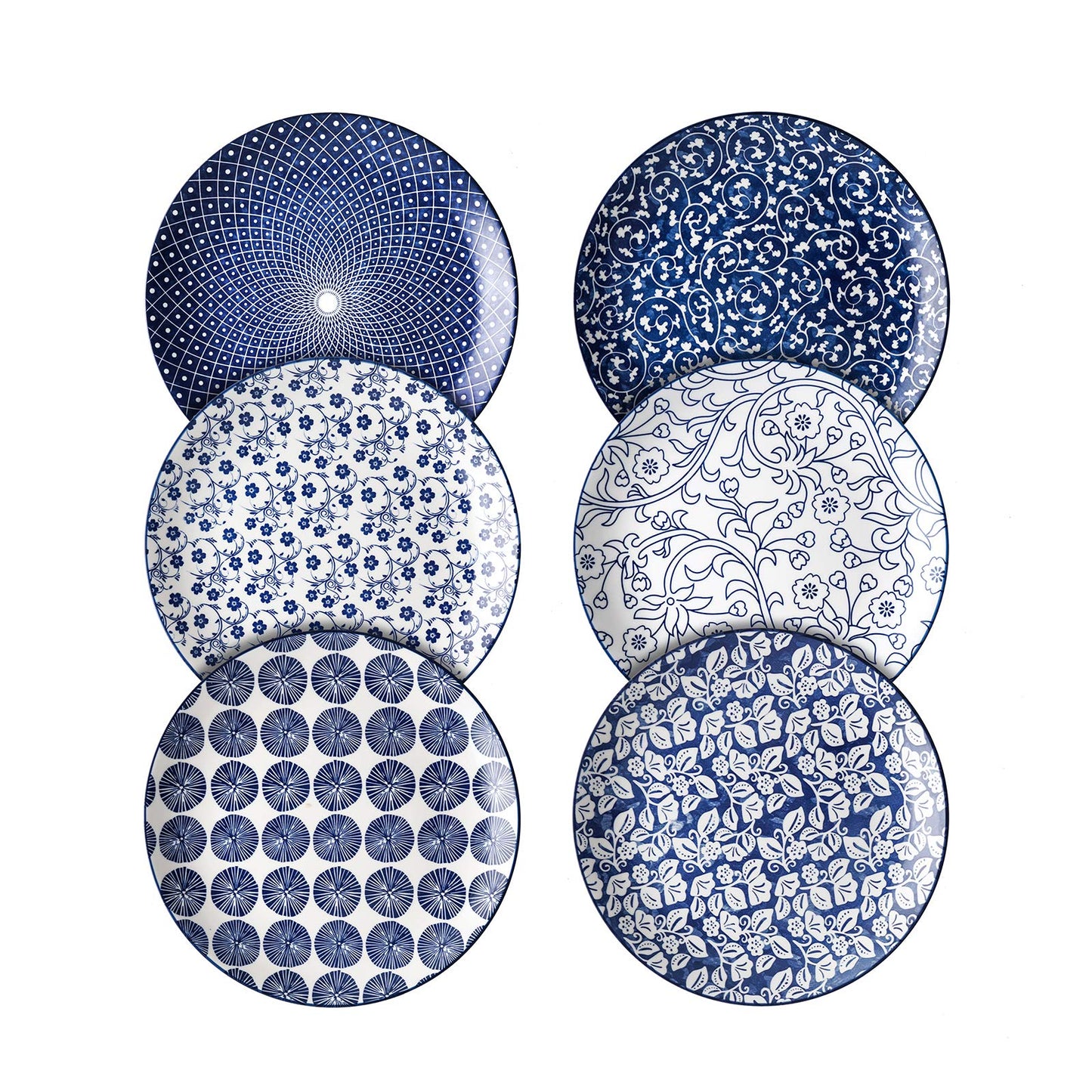 Selamica Plate Set, 26.5 cm Serving Plate, Cake Plate, Dessert Plates for Salad, Pancakes, Steak, Set of 6, Vintage Blue