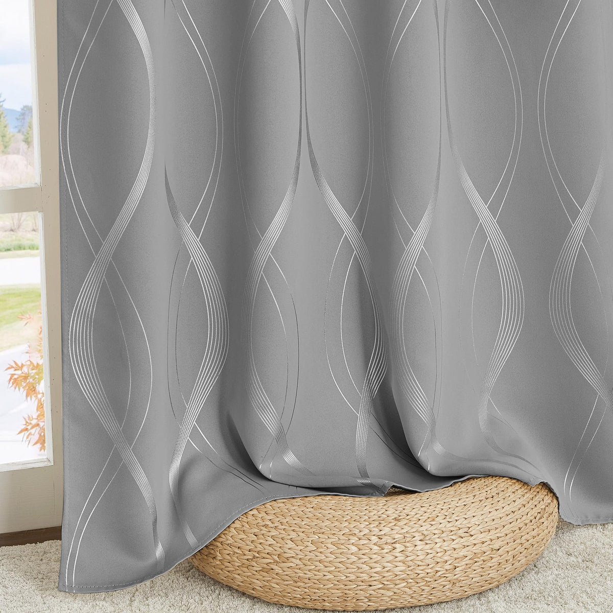 NICETOWN 100% Blackout Silver Grey Curtains Panels for Bedroom, Noise Reducing Thermal Insulated Wave Line Foil Print Design Window Blinds for Patio Sliding Glass Door (2 Panels,52" x 84")