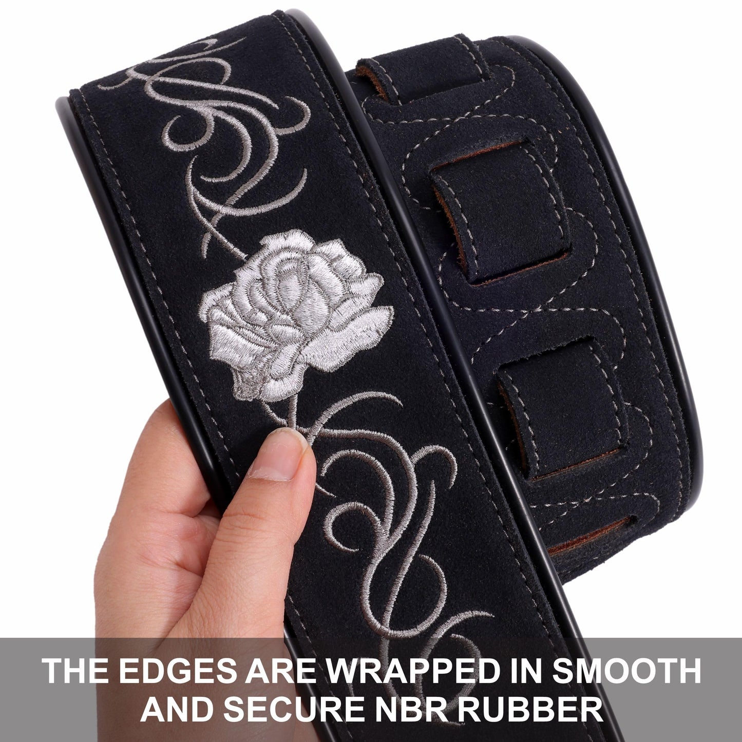Nefelibata Guitar Strap with Vintage Rose Embroidery, 2.7" Wide Double Layer Bavarian Tumbled Cowhide Guitar Strap with Foam Padding for Kids, Male and Female Acoustic, Bass and Electric Guitars