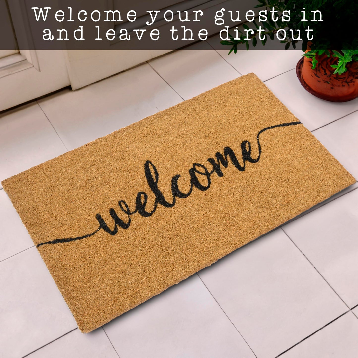Outdoor Welcome Mat 30x17 Inch Script, Welcome Doormat for Covered Outdoor Area, Coir Door Mat w/Non-Slip PVC Backing