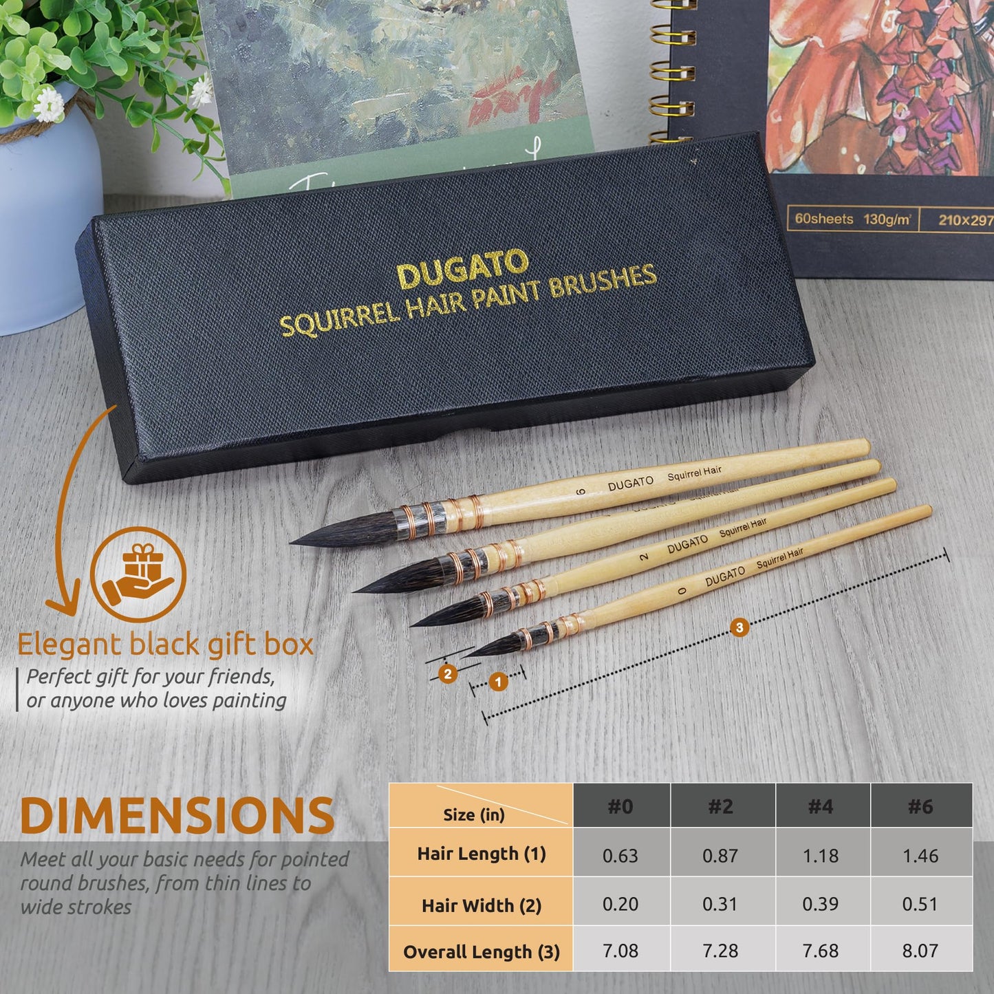 Professional Watercolor Paint Brushes, Round Squirrel Hair Paint Brush Set for Art Painting, Gouache, Fine Detailing, Acrylic, Gouache, Oil (4 Brushes)