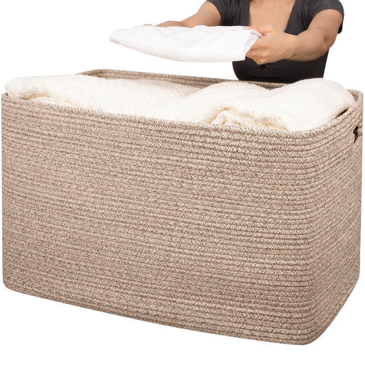 OIAHOMY 118L Cotton Rope Storage Basket, Oversized Blanket Basket, Living Room, Bathroom, Nursery, Bedroom Dirty Clothes Basket, Toy Storage Basket with Handles, 25" x 17" x 16",Brown variegated