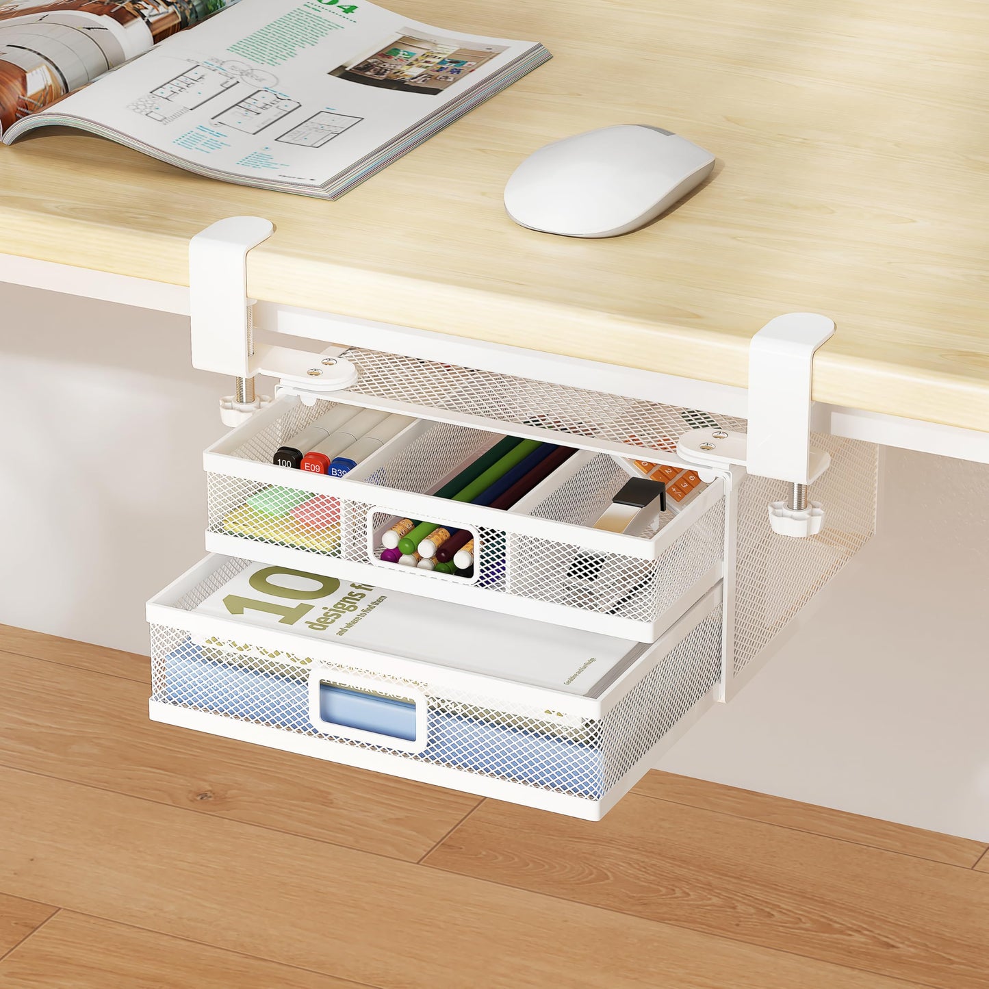 ROLIZOE Under Desk Drawer Organizer Clamp On with 2 Drawers Slide Out No Drilling Mesh Metal Drawer On Desktop Or Under Desk Storage Easy Install Anti-Slip Under Shelf Storage for Home Office, White