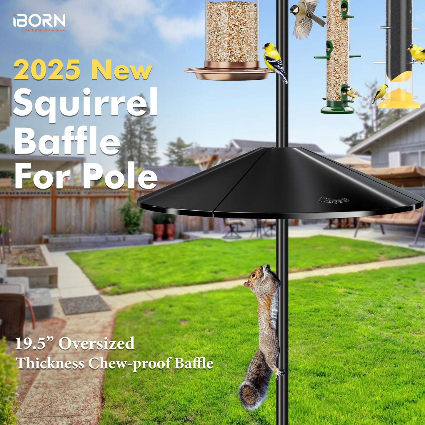 iBorn Squirrel Baffle for Bird Feeder Pole, 19.5” Oversized Guard Baffle, Squirrel Defender, Bird Feeder for Outdoors Protector, Polycarbonate(PC), Pack of 1, Black