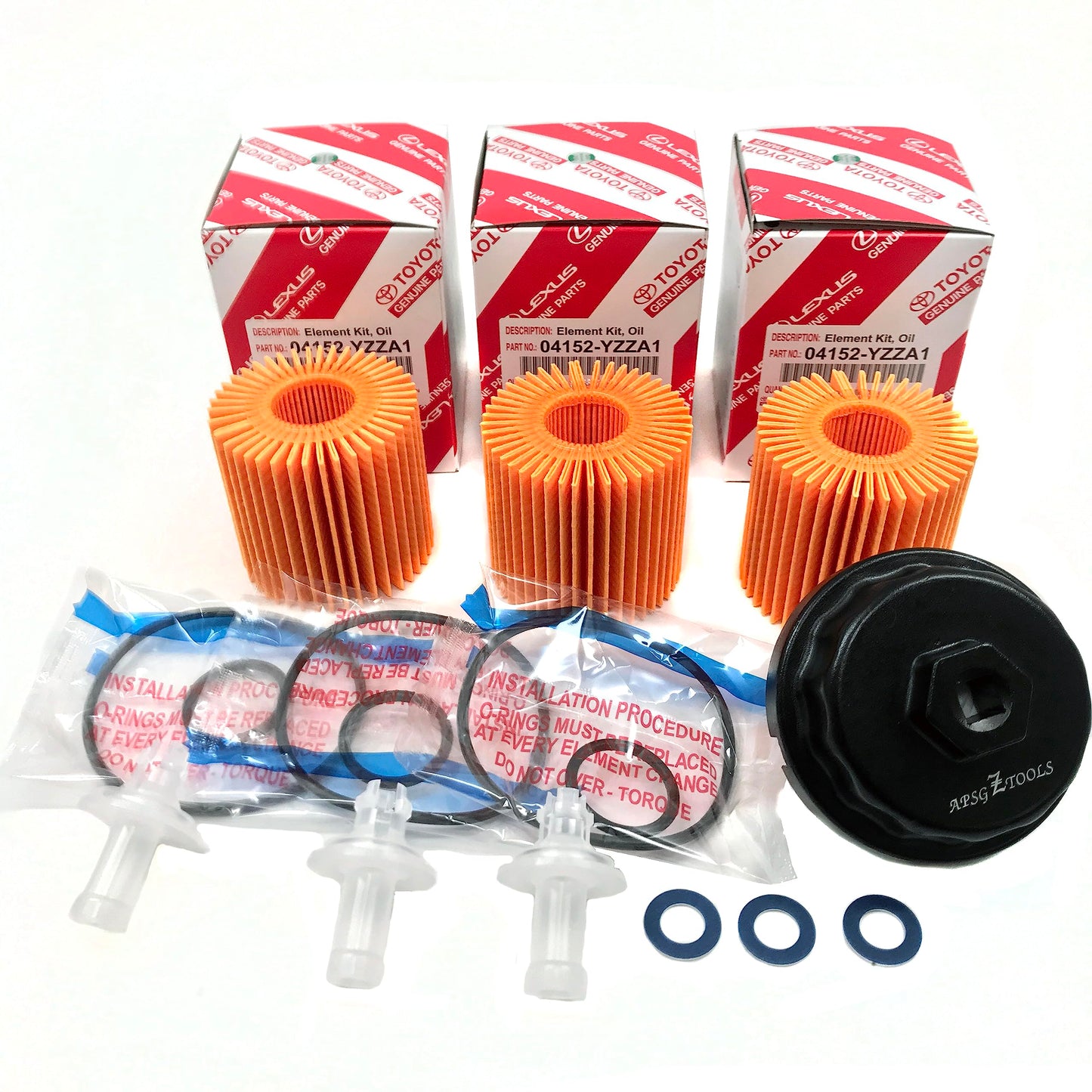 OEM GENUINE 04152-YZZA1 OIL FILTERS x 3 with APSG CRUSH WASHERS and FILTER CAP WRENCH | 2.5L 2.7L 3.5L Engine | Compatible with ES350, GS350 RX350, Camry, RAV4, Highlander, Sienna, Tundra, Tacoma +