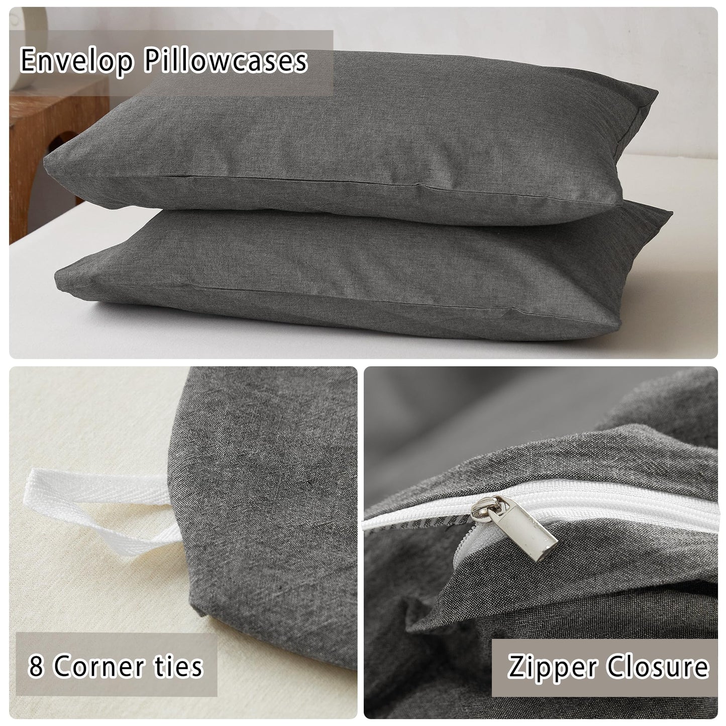 TOCOMOA Duvet Cover Set 100% Washed Cotton Linen Feel Soft Comfy Breathable 3 Piece Comforter Covers Bedding Set (King, Heathered Dark Grey)