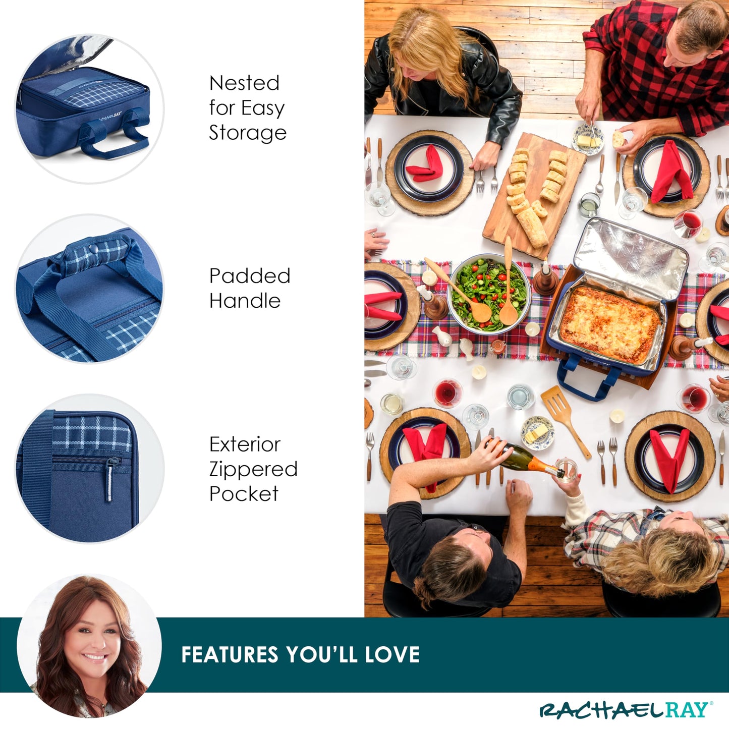 Rachael Ray Lugger Duo, Insulated Casserole Carrier for Hot or Cold Food, Thermal Lasanga Lugger Tote for Pockluck, Parties, Picnic, and Cookouts, Fits 9" x 13" Baking Dish, Navy Gingham