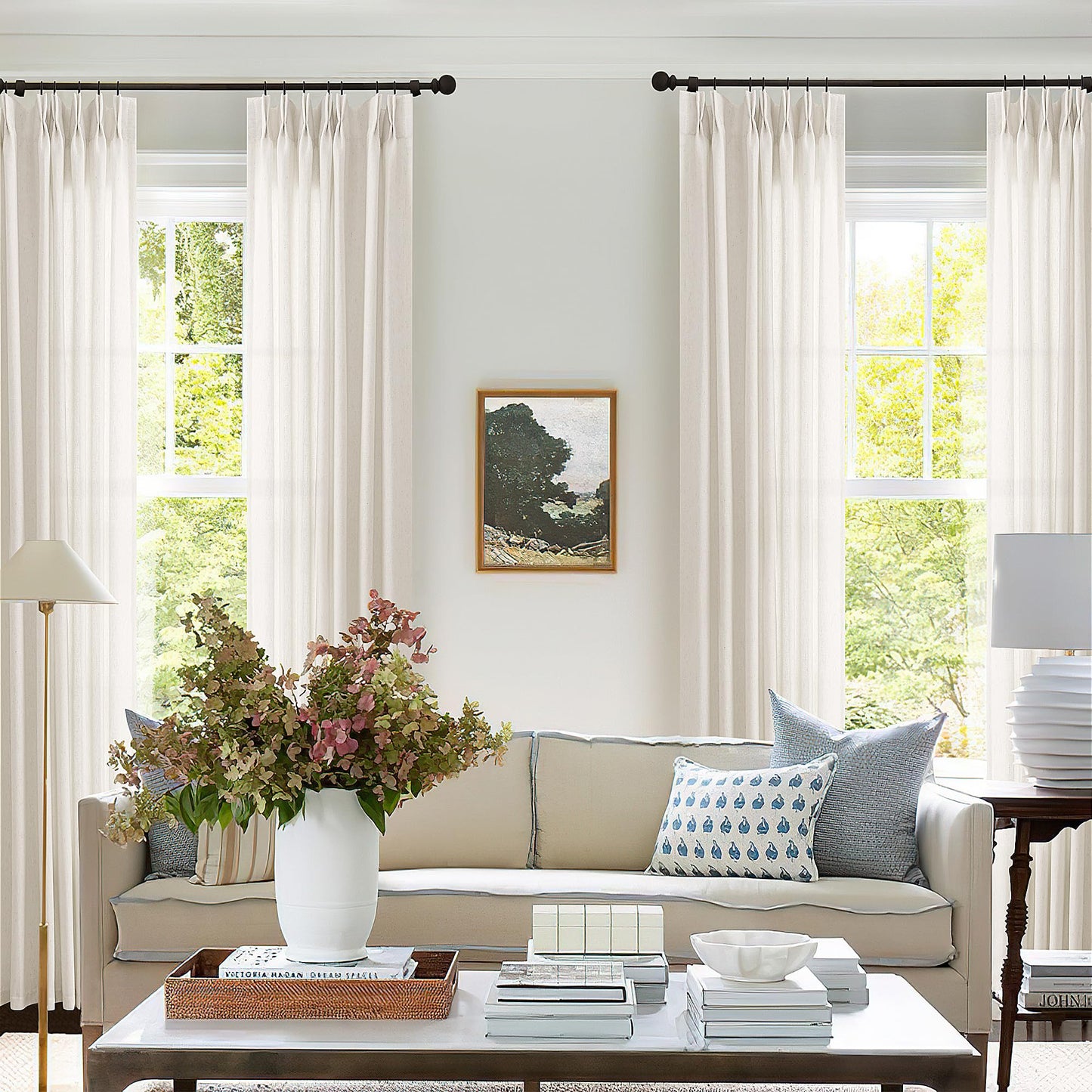 Natural Pinch Pleated Linen Curtains 90 Inches Long for Living Room Pleat Drapes Hooks Rings Back Tab Neutral Cream Ivory Semi Sheer Pleated Curtain 90 Inch Length for Bedroom Dining Office 1 Panel