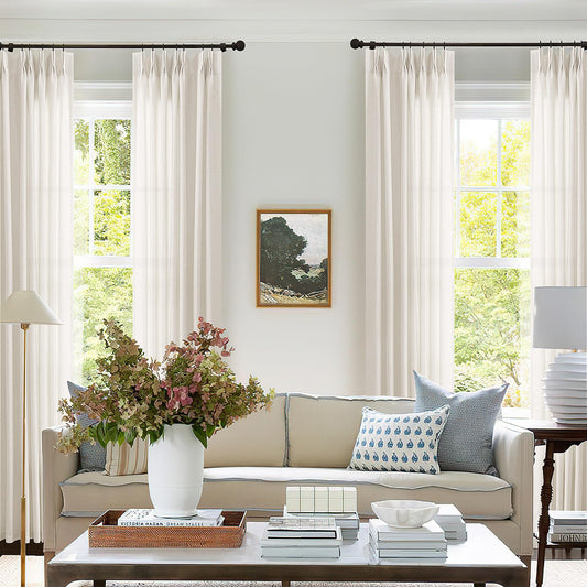 Natural Pinch Pleated Linen Curtains 90 Inches Long for Living Room Pleat Drapes Hooks Rings Back Tab Neutral Cream Ivory Semi Sheer Pleated Curtain 90 Inch Length for Bedroom Dining Office 1 Panel