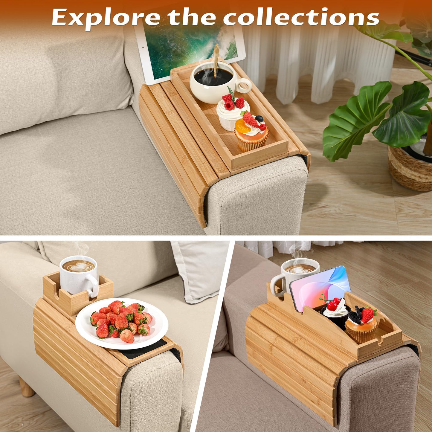 Joy&Grace Sofa Armrest Tray with Large Mug Holder, Bamboo Couch Arm Tray, Anti-Slip Couch Cup Holder Foldable Sofa Arm Table for Eating Drinks Cellphone (Color Natural)