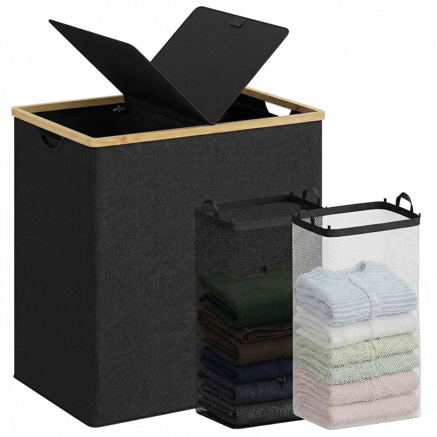 efluky Laundry Hamper with Lid, Double Laundry Basket with 2 Removable Bags, 2 Section Laundry Bin with Bamboo Handles for Bathroom, Bedroom & Laundry Room, 140L (36.9 Gallon) Black