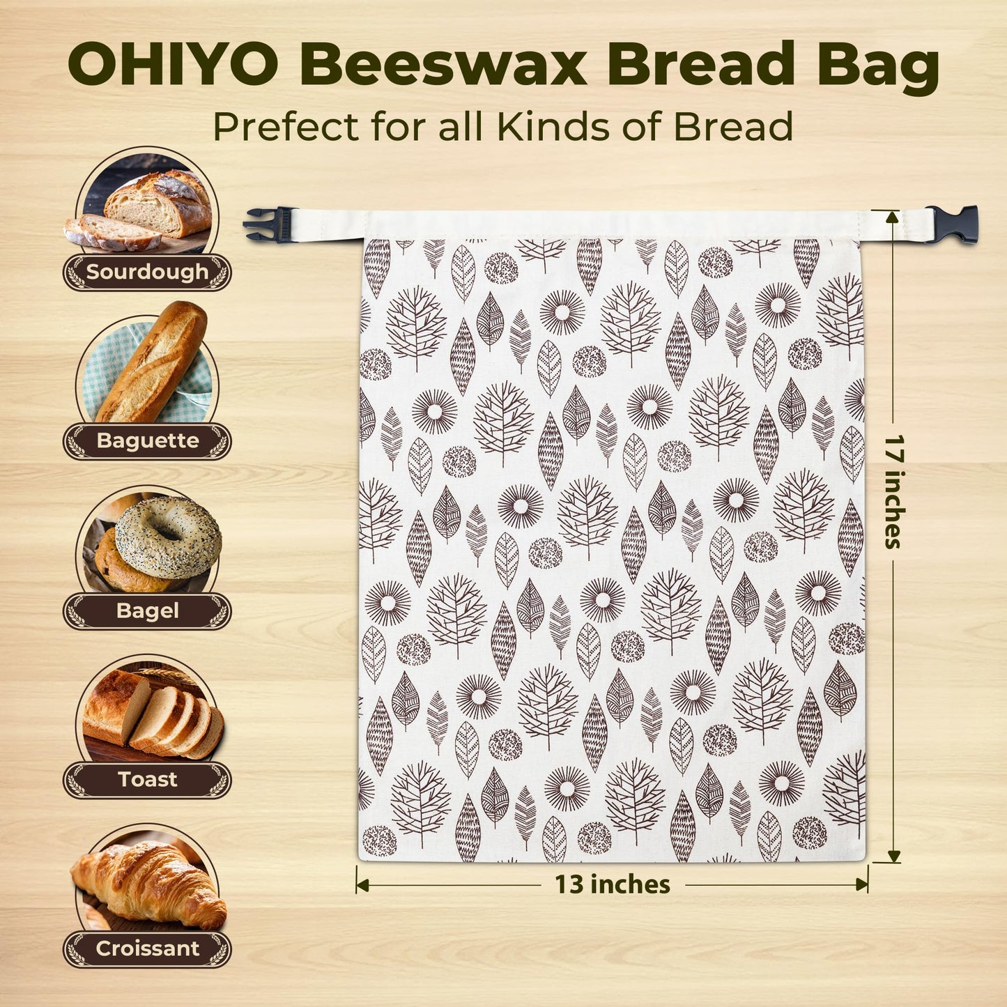 OHIYO Reusable Beeswax Bread Bags for Freezer & Refrigerator, Natural Beeswax-Lined Cotton Storage Bags Airtight Freshness Keeper for Homemade, Bakery Essentials (2 Pack)