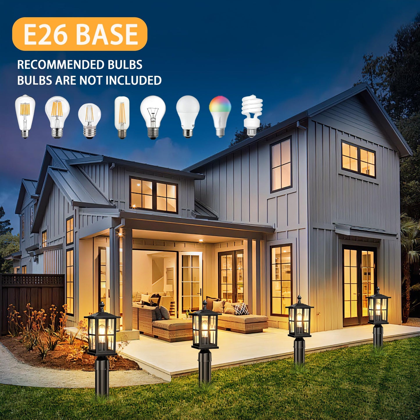 SNRU 2-Pack Outdoor Post Lights, Anti-Rust Farmhouse Pillar Post Light Fixtures, 15" Medium Black Exterior Post Lamp with Tempered Glass, Hardwired 120V Outside Lantern for Garden Driveway & Yard