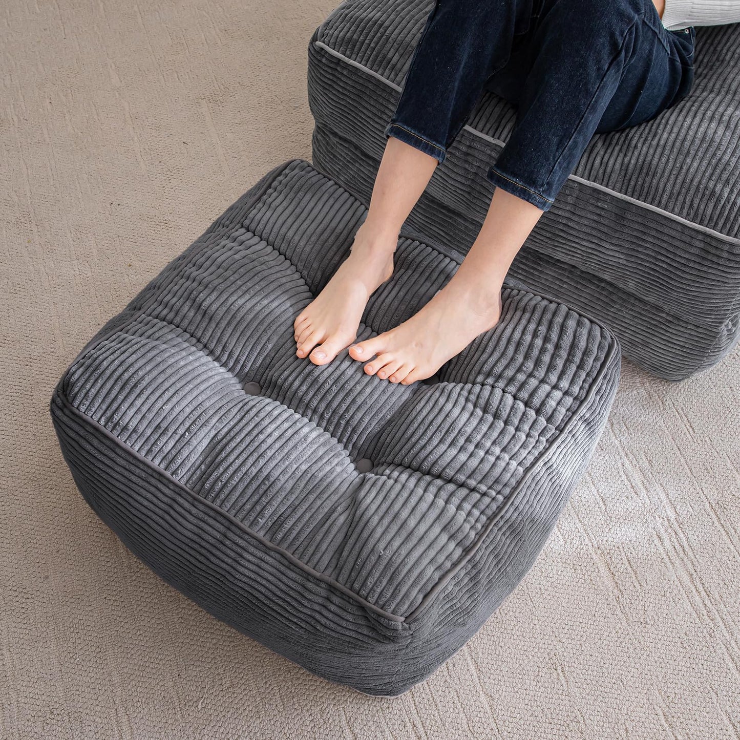 HIGOGOGO Square Stuffed Pouf Ottoman, Corduroy Poufs with Foam Chunk Filling, 21.5 X 21.5 Floor Poufs Foot Rest for Living Room,Dark Gray