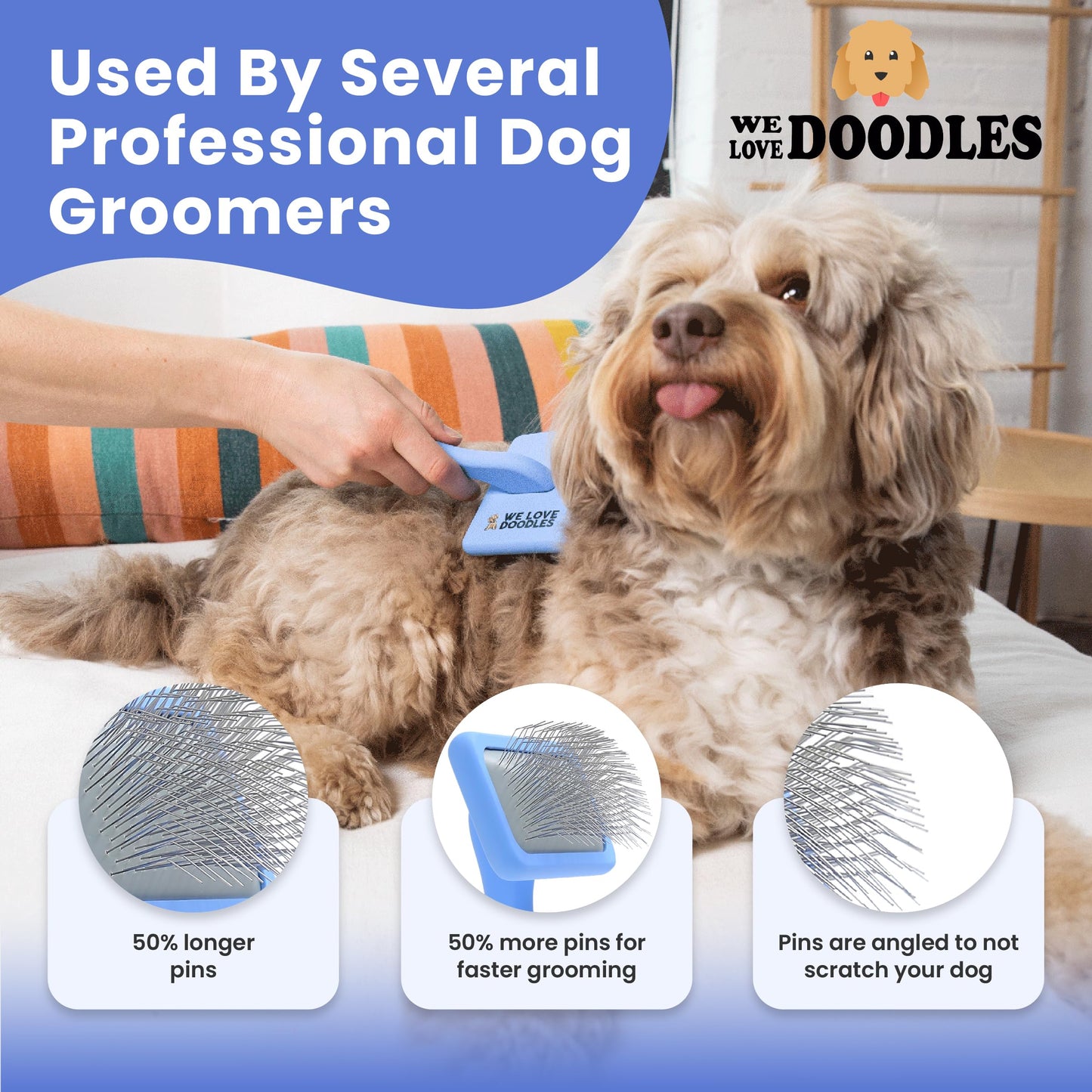 We Love Doodles Dog Slicker Brush for Grooming Pet Hair - Best Brushes For Poodle & Golden Doodle - Long Haired Brush For Dogs - Goldendoodle Long Pin Brush For Dematting (Large)