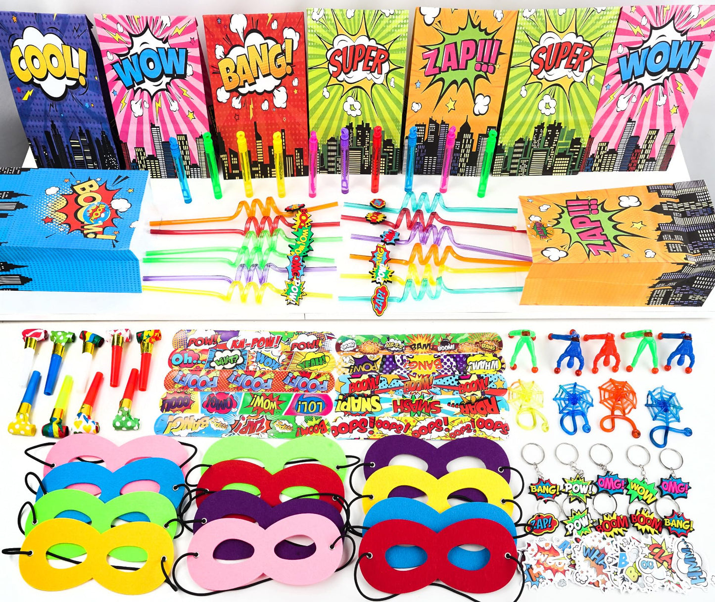 158Pcs Hero Party Favors - 12 Guests Set, with Goodie Bag Mask Straw Slap Bracelets Keychain Party Blowers Stickers Sticky hands for Birthday Decorations & Pinata Fillers