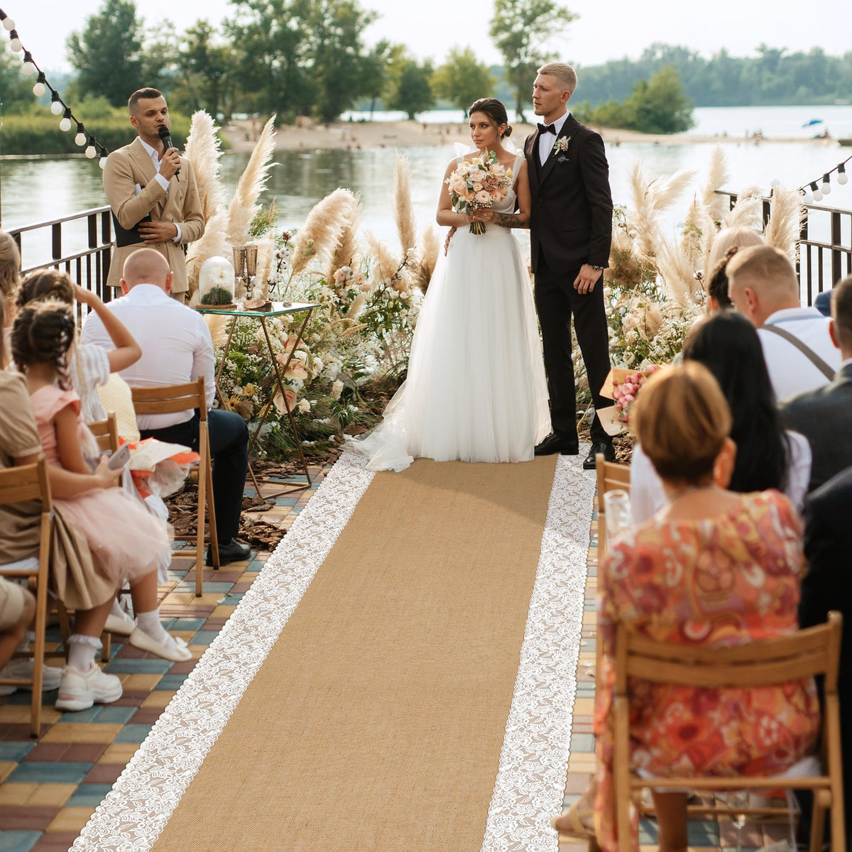 20 Ft x 36 in Natural Burlap Wedding Aisle Runner, Rustic Jute Weddings Runway Carpet with Lace, Ceremony Burlap Carpet Roll for Beach Garden Church Reception Craft Decor