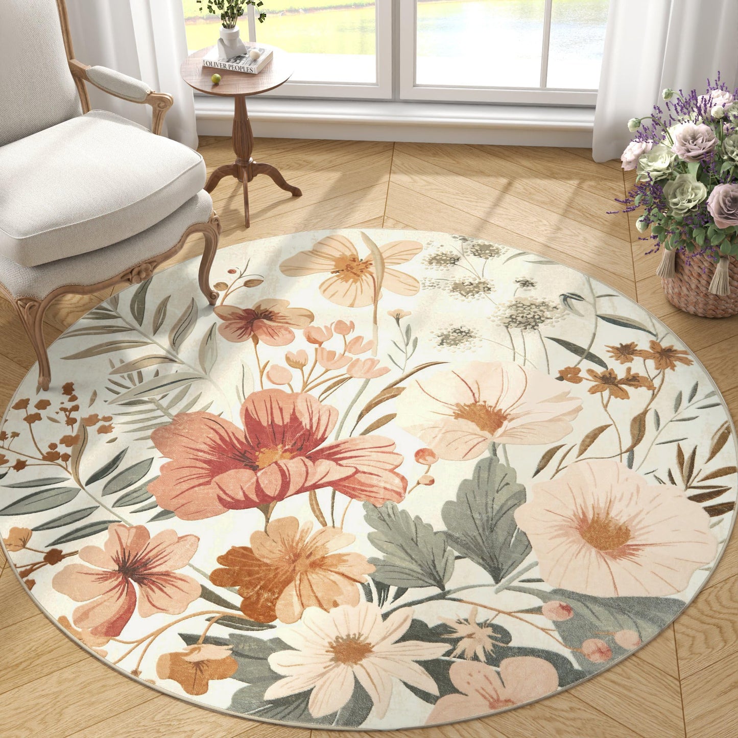 jinchan Floral Round Rug 4ft Area Rug Indoor Circle 4' Round Washable Modern Oriental Flower Print Non Slip Carpet for Living Room Dining Room Bedroom Entryway Office Decor Pink/Grey