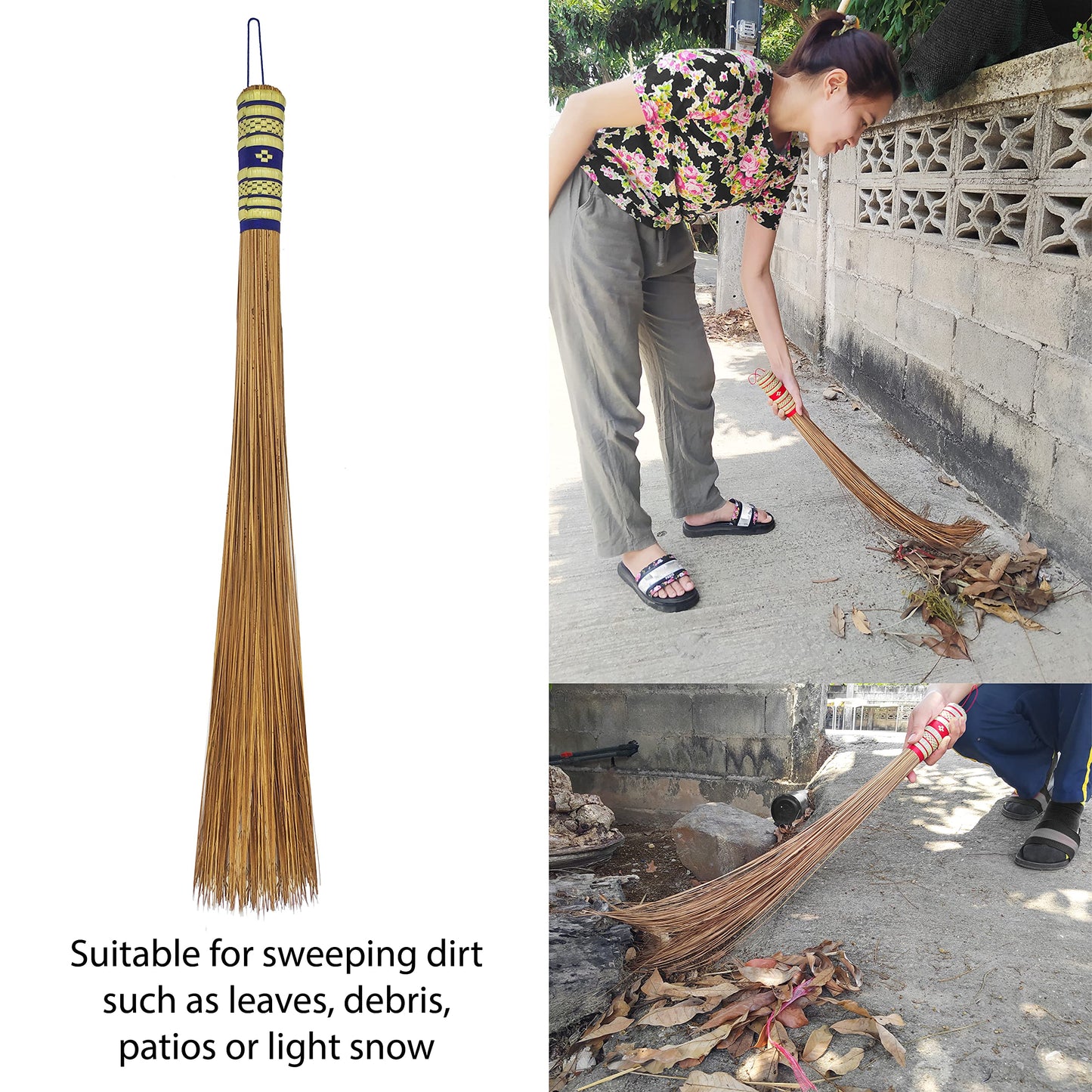 32 inch Multi-Surface Sturdy Outdoor Authentic Coconut Leaf Broom Asian Heavy Duty Broom Thai Natural Coconut Leaf Broom (Country Rustic) (1 Piece)