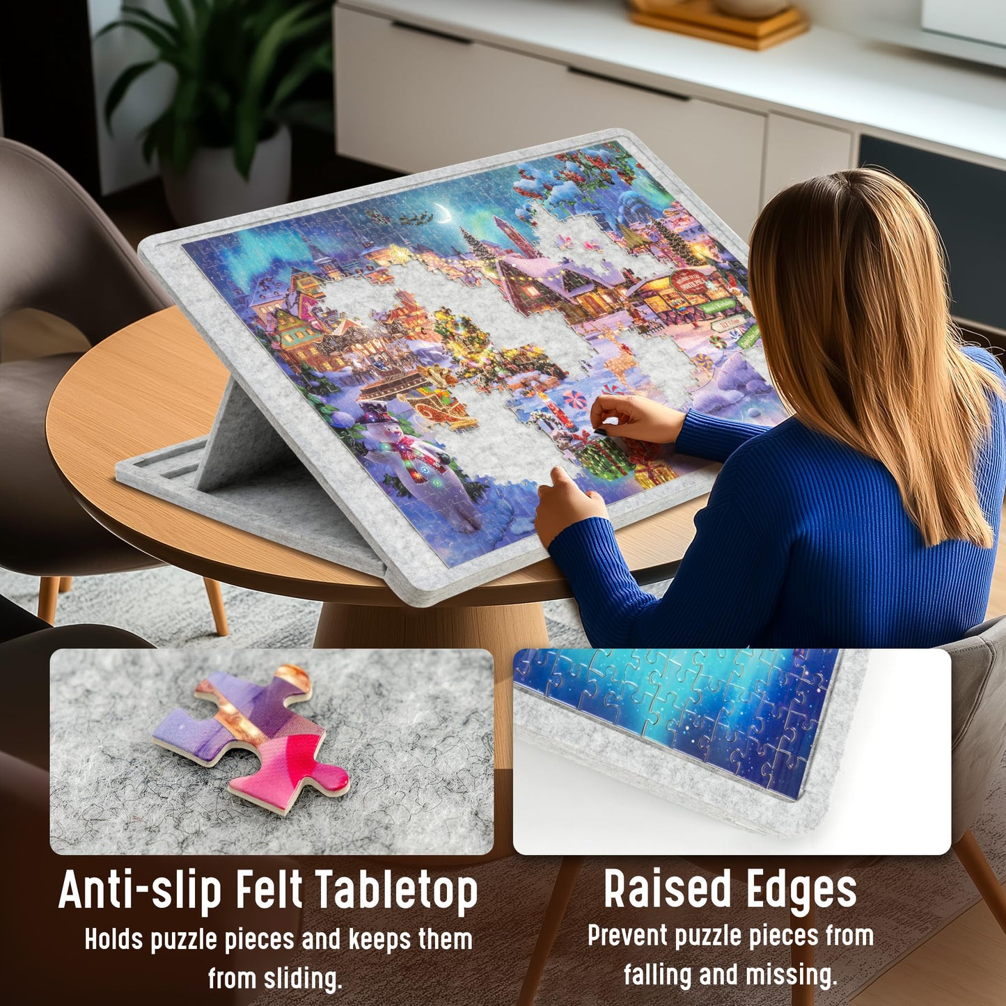 Lavievert Tilting Jigsaw Puzzle Board with Removable Cover, 3 Angle Adjustable Jigsaw Table, Super Lightweight Felt Puzzle Plateau Board, for Games Up to 1000 Pieces - Light Gray